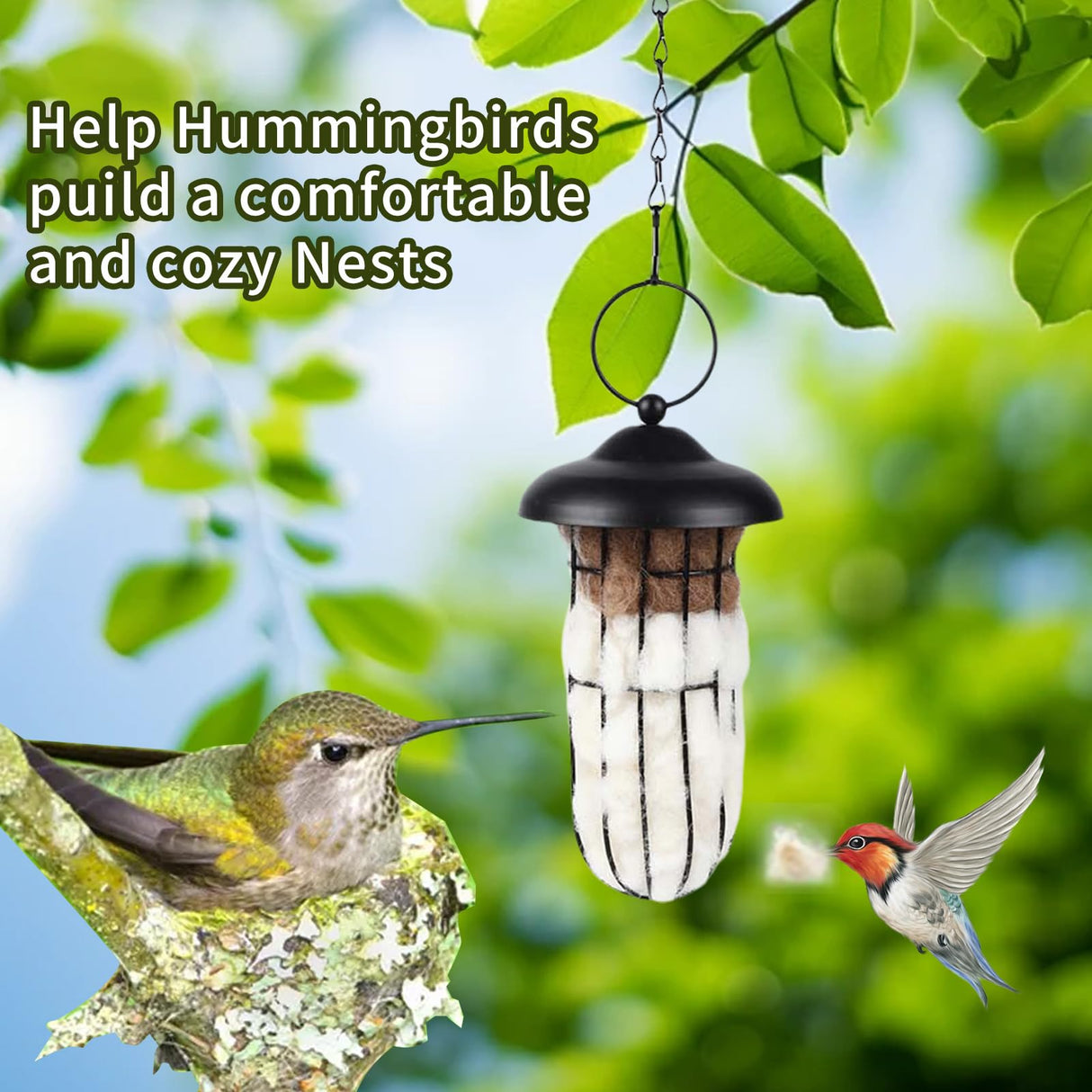 TOWDREU Hummingbird Nesters, Alpaca Wool Bird Nesting Material in Metal Cage - Unique Birds Lover Watcher Gift, Outdoor Garden Ornament, Refillable