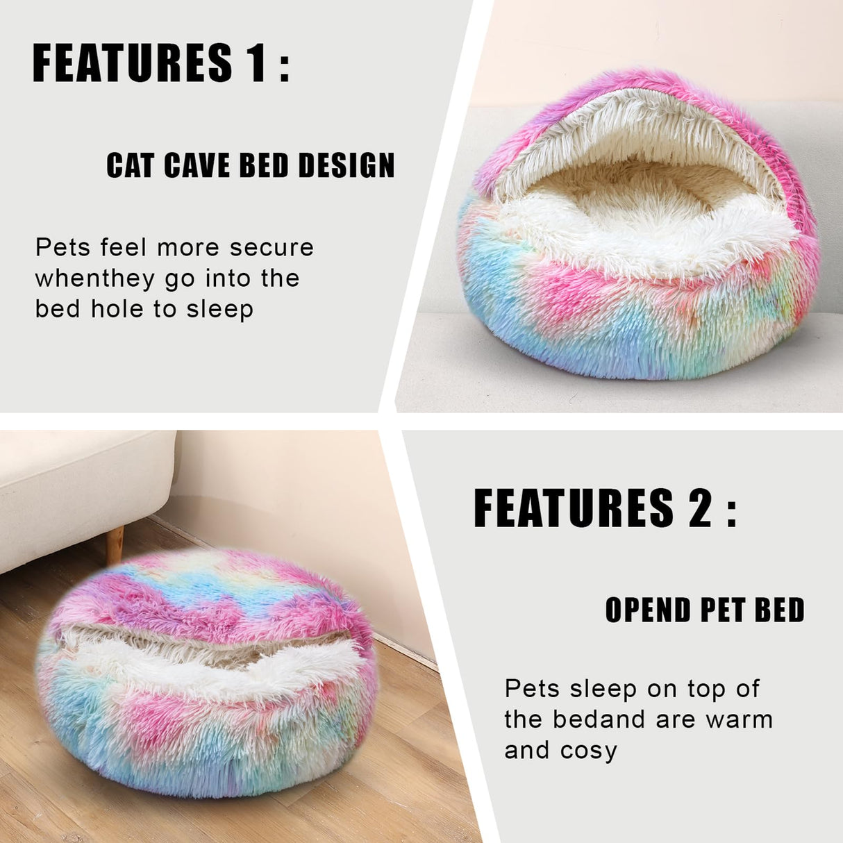 Dazzle Calming Dog & Cat Cave Bed with Washable, Anti-Slip Faux Fur Cover, Comfortable Warming Pet Bed for Small Medium Pets (24 * 24 inch)