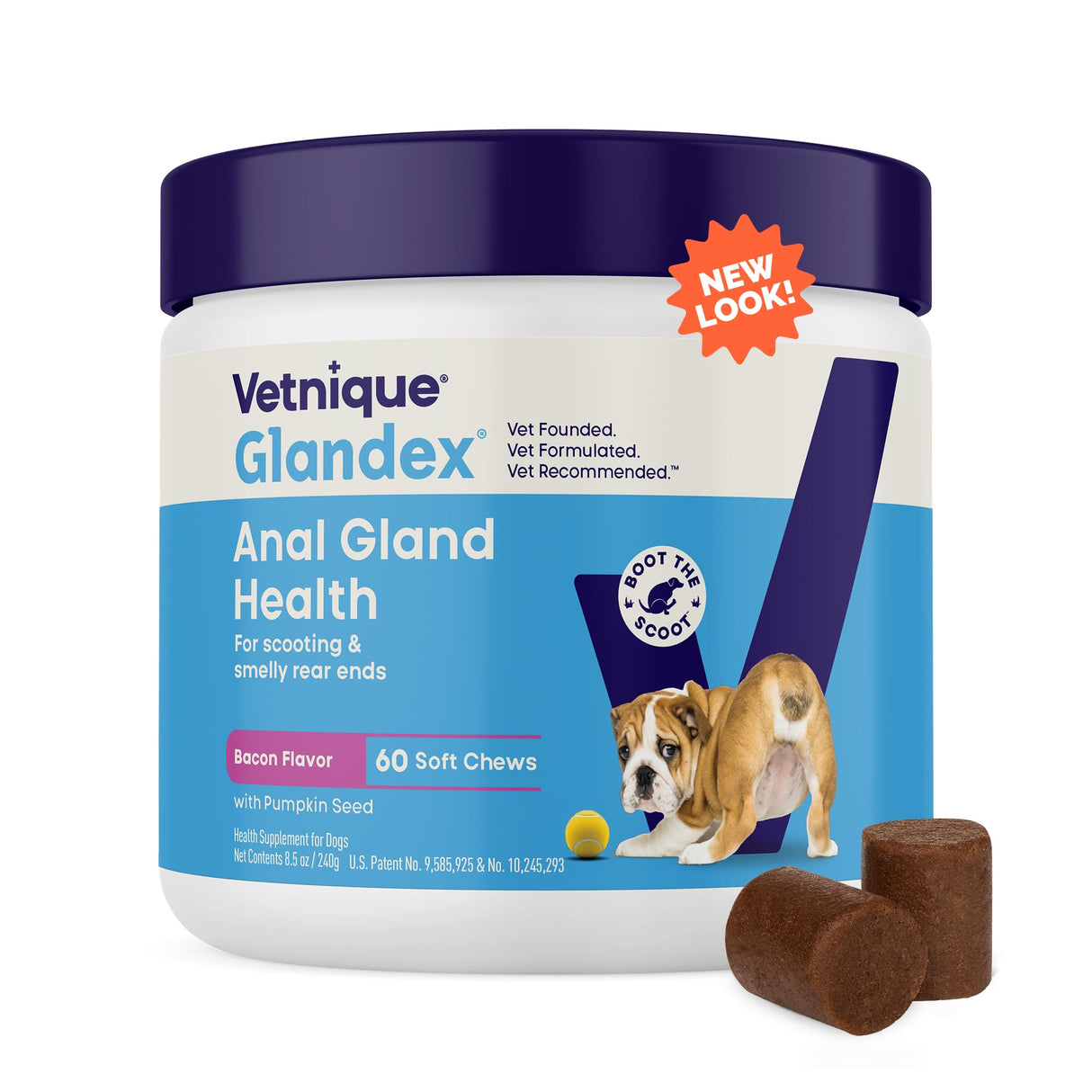 Vetnique Glandex Anal Gland Soft Chew Treats with Pumpkin for Dogs Digestive Enzymes, Probiotics Fiber Supplement for Dogs Boot The Scoot (Bacon Flavor Chews, 60 Count)