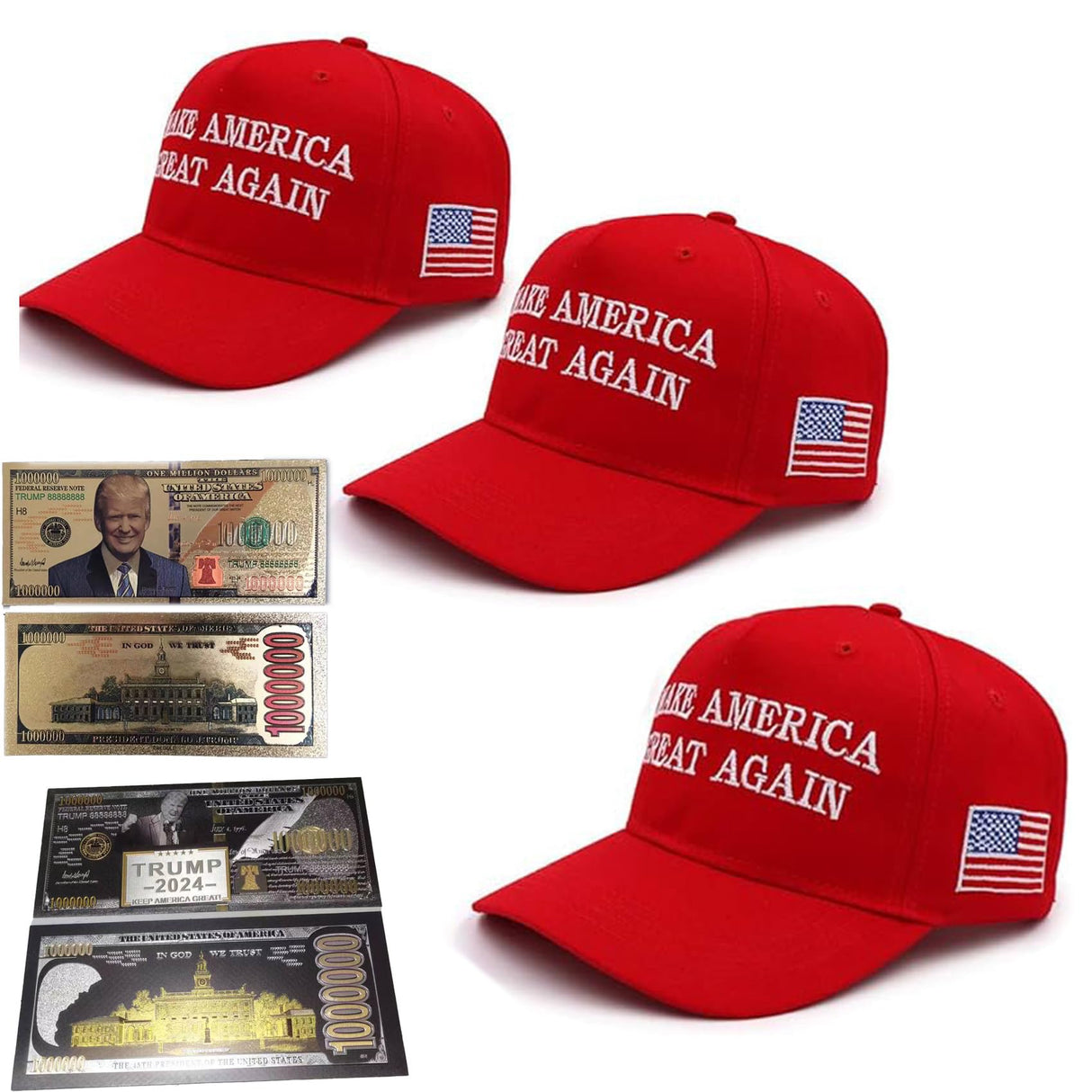 MOZU MAGA Hat 3 Packs(RED) Trump 2024 Hat Donald Trump Hat 2024 Keep America Great Hat Make America Great Again MAGA Camo Embroidered Adjustable Baseball Cap with Two Money(Golden,Silver)