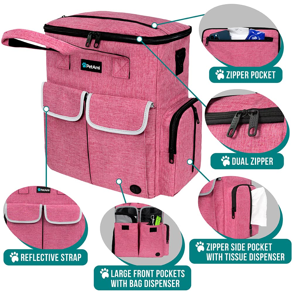 PetAmi Dog Travel Bag Pet Supplies Accessories Organizer for Traveling, Camping, Weekend; Cat Pet Travel Bag Kit Includes 2 Food Storage Containers, 2 Collapsible Bowls, 1 Feeding Mat (Pink)