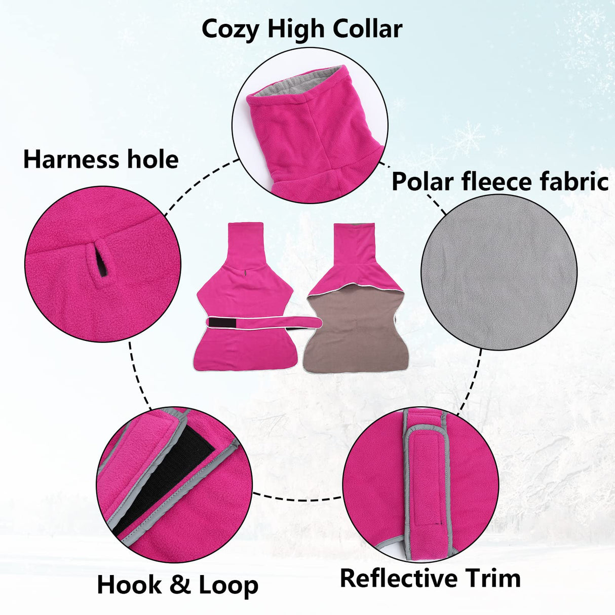 Geyecete Greyhound Cosy Fleece Jumper, Dog Winter Coat with Warm Fleece Lining, Outdoor Dog Apparel with Adjustable Bands for Medium, Large Dog -Pink-XS