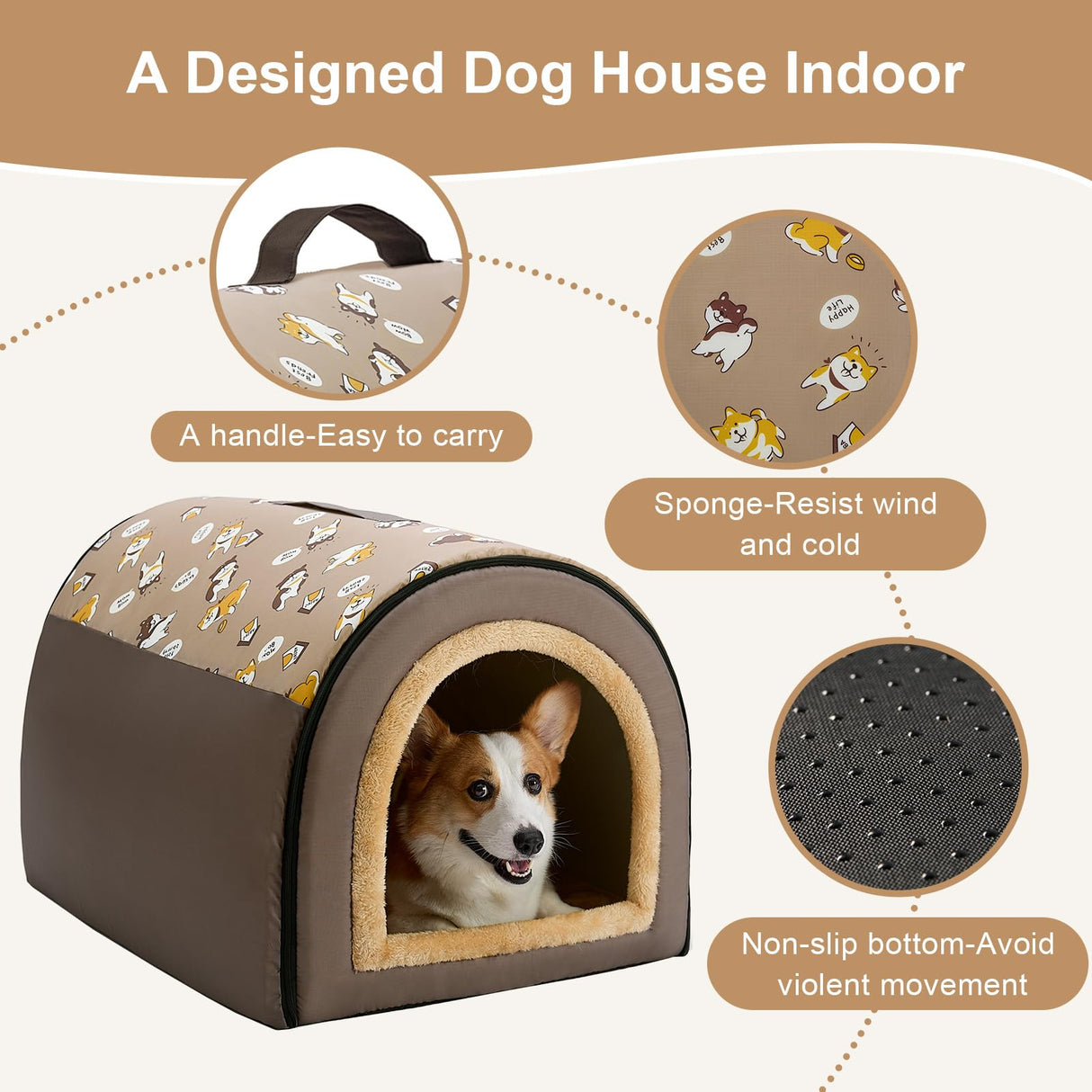 Jiupety Indoor Dog House, 2-in-1 Portable Foldable House Bed with Cover, Pet Tent & Cave Bed for Medium Dogs, XL(28"×21"×19"), Up to 40 Lb, Brown