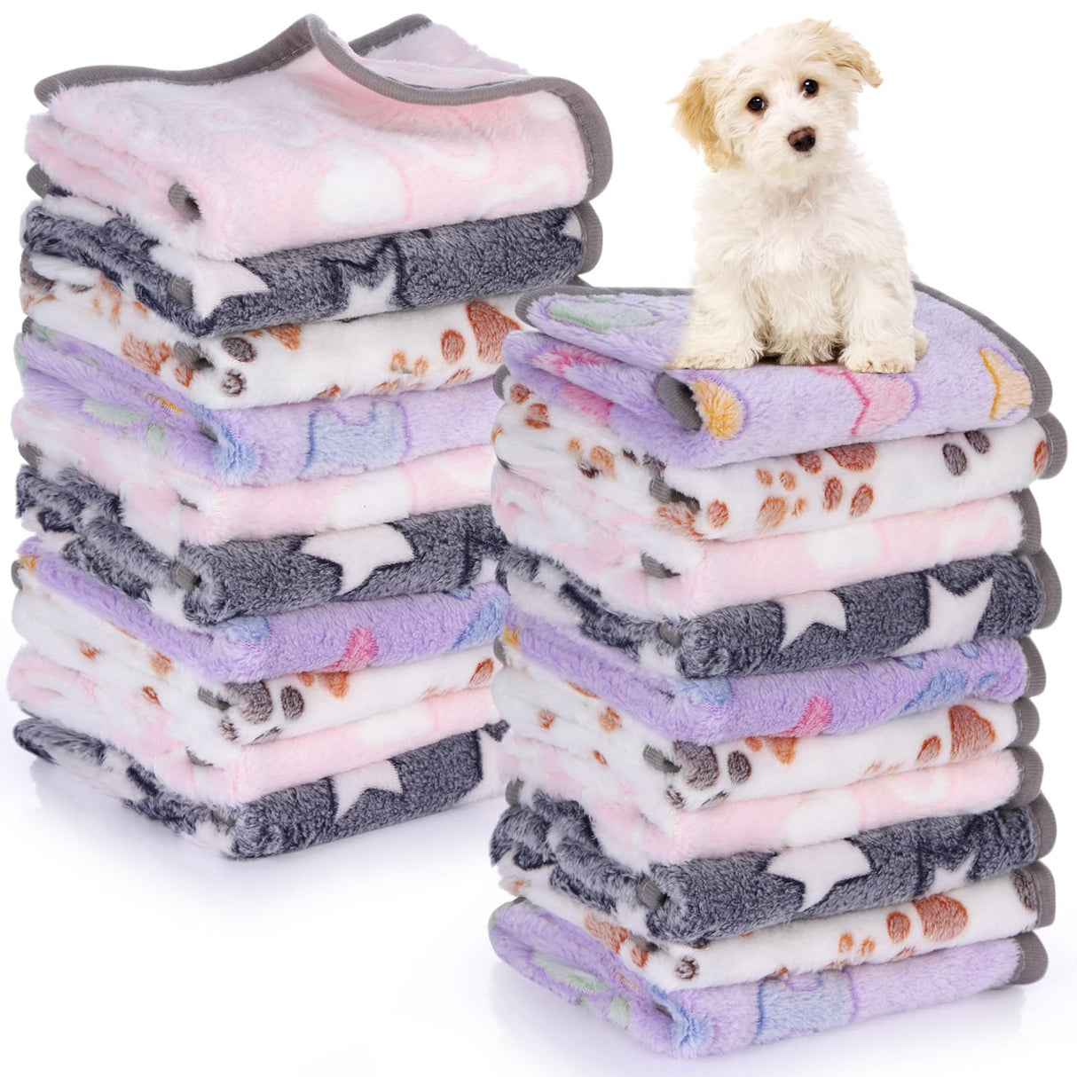 Chumia 40 Pcs Dog Blankets Soft Fluffy Fleece Washable Puppy Sleep Blankets Small Mat for Pets Throw Warm Bed Mat for Dog Puppy Cat (Grey,Heart,Star,Paw,Bone)