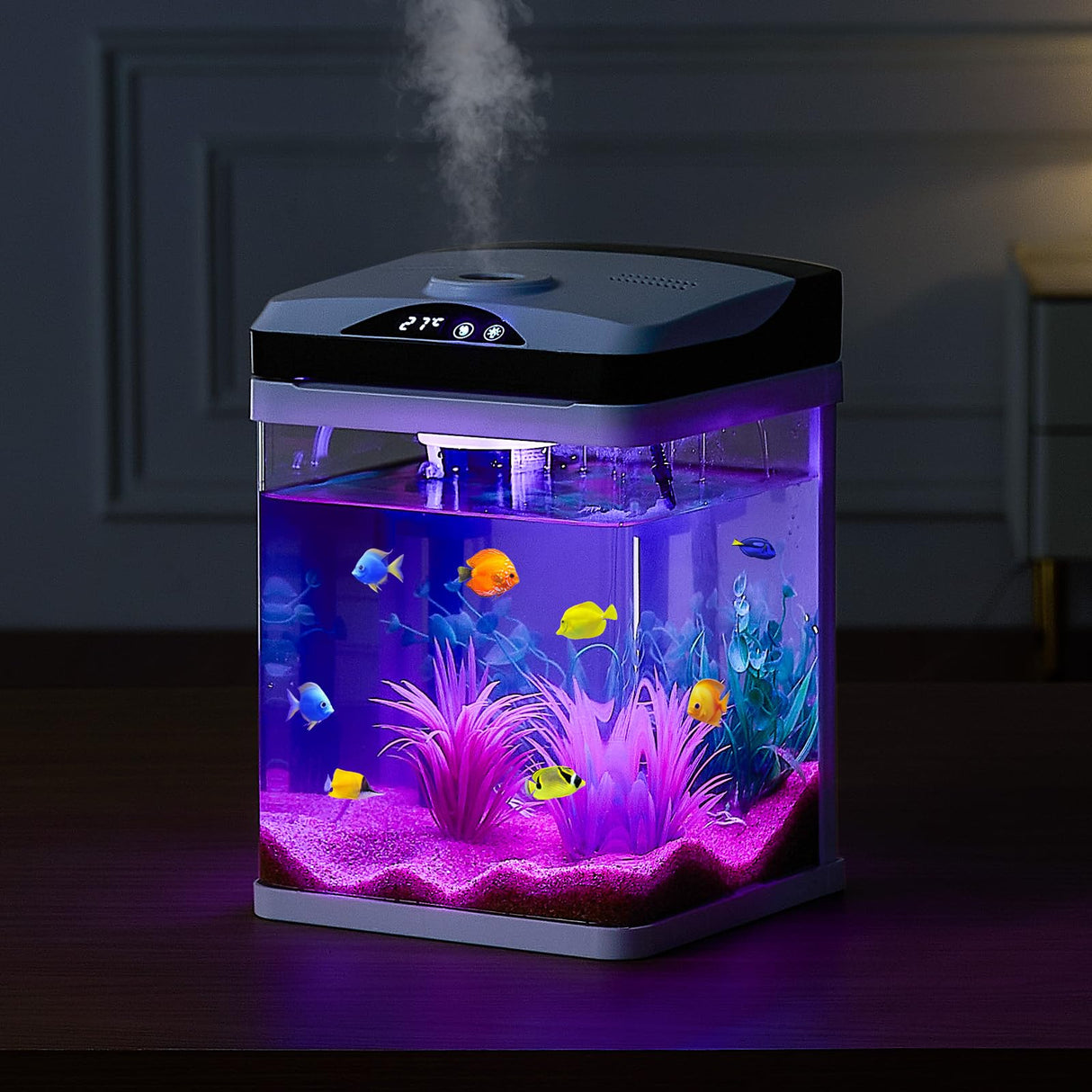 VEVOR Fish Tank Aquarium, 2 Gallon LED Square Ultra-Clear Glass Tank Temperature Monitoring Adjustable 7 Color Lighting, Self Cleaning System Fishbowl for Freshwater & Saltwater Fish Home,Office,Pet