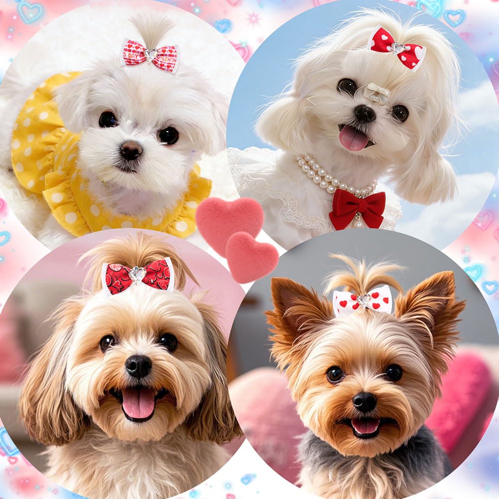 20Pcs Valentine's Day Dogs Hair Bows with Rubber Band for Small Medium Pet Curly Adorable Rhinestone Dog Bows Puppy Cat Hair Accessories Heart Pattern (for Valentine’s, Medium (2 inch)