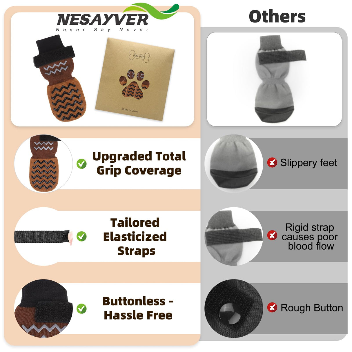 Nesayver Dog Socks Shoes to Prevent Licking Paws for Hardwood Floors, Pet Booties for Hot Pavement with Grip Traction Control, Winter Boots & Paw Protectors for Small Medium Large Senior Dogs,Khaki M