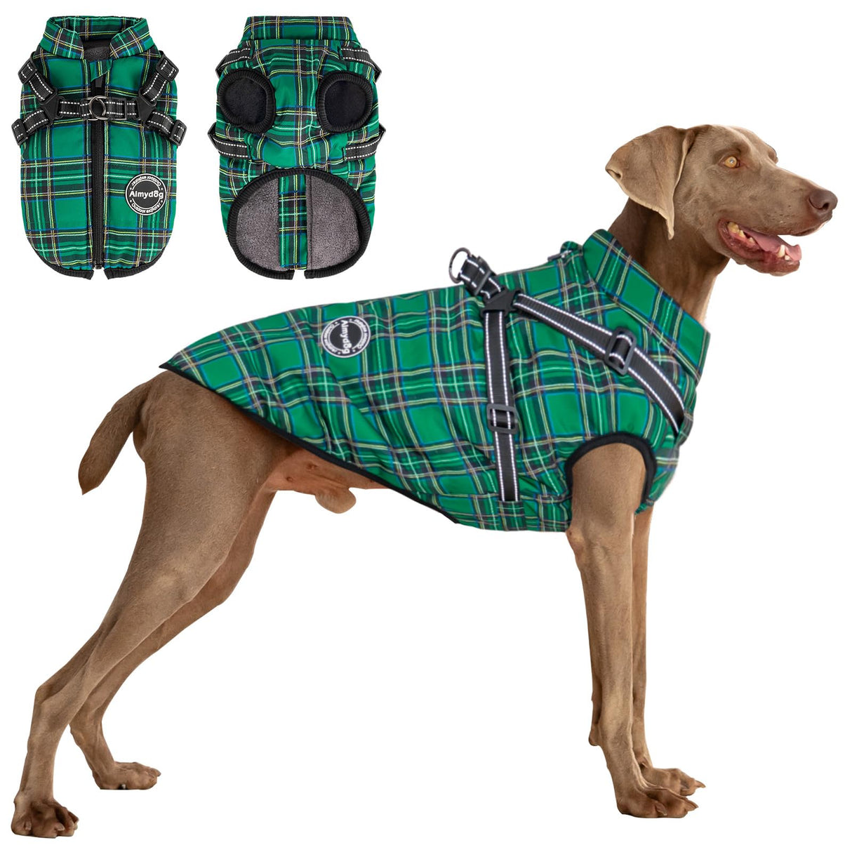 Aimydog Dog Coat with Harness Built in,Dog Winter Jacket with Padded Fleece,Reflective Waterproof Coat for Small Medium Dogs,Green L