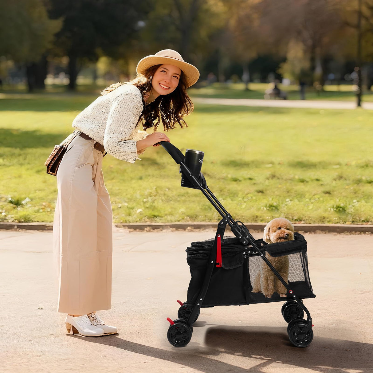 Foldable Pet Stroller for Small/Medium Dogs & Cats up to 22 lbs - Lightweight 4-Wheel Design with Sun Canopy, Storage Basket & Breathable Mesh Windows(Black
