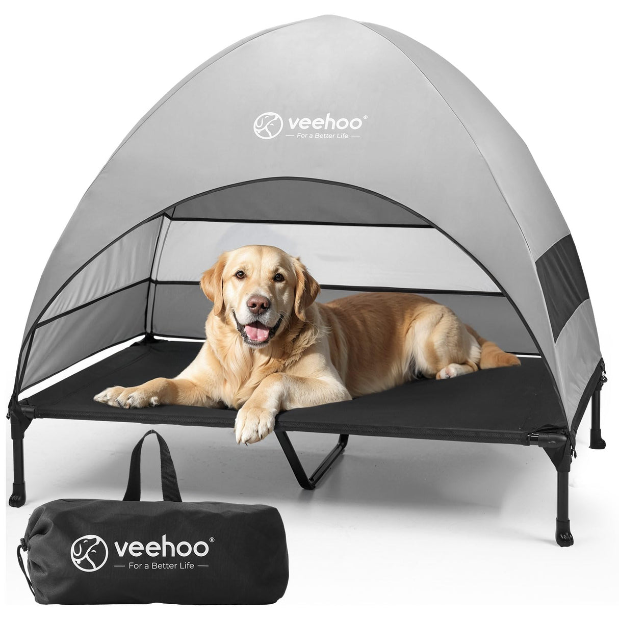 Veehoo Outdoor Dog Bed with Canopy, Cooling Elevated Pet Cot with Removable Shade, Non-Slip Feet, Raised Dog Cot for Large Dogs, Pet Tent Bed for Camping, Beach, XLarge, Black + Grey, CWC2411