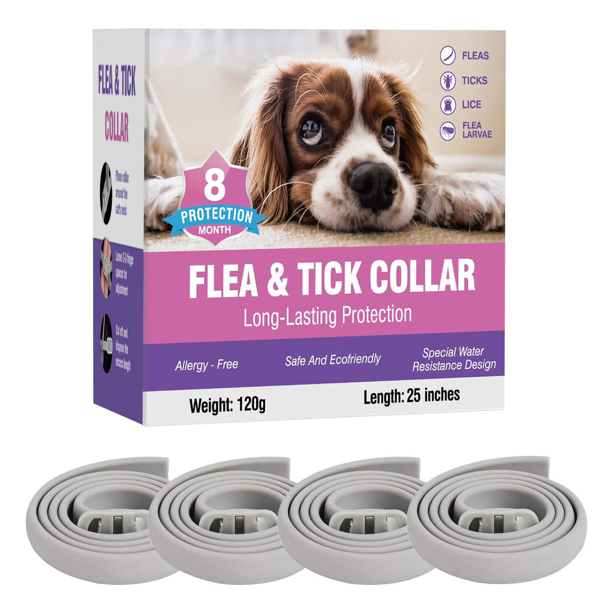 Flea Collar for Dogs 4 Pack 8 Months Long-Term Protection Natural Waterproof Adjustable Size Suitable for Small Medium and Large Dog