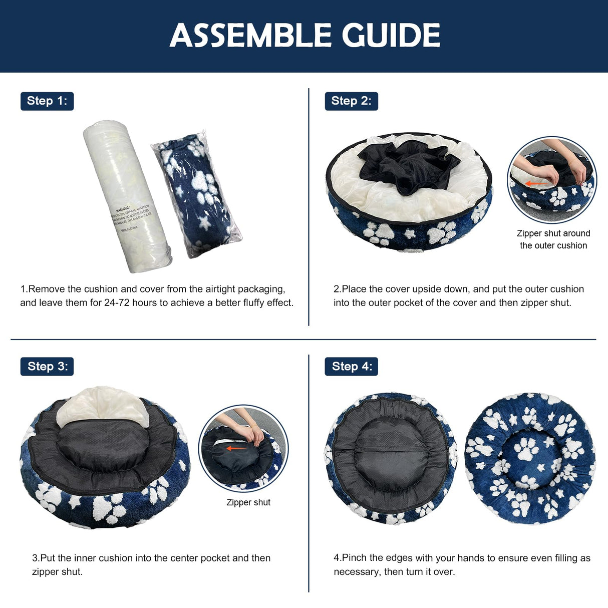 Yaning Donut Dog Beds for Small Dogs, Calming Round Cat Beds for Indoor Cats, Cute 3D Textured Paw Pet Bed with Removable Washable Cover and Anti-Slip Bottom(Navy Blue,23")