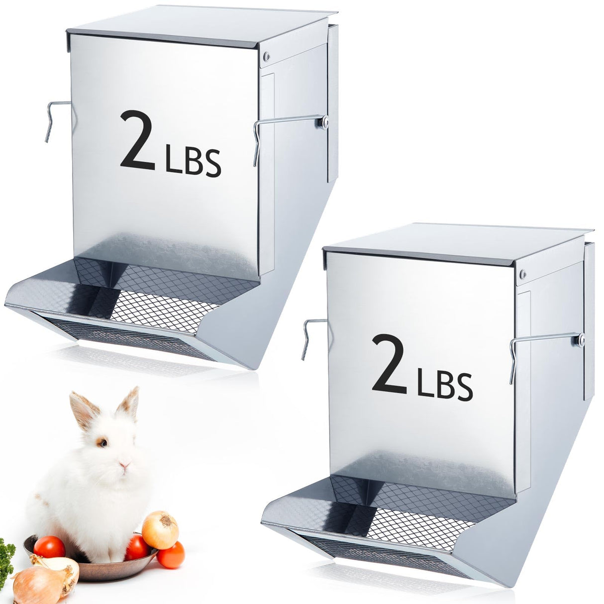 Maxcheck 2 Pcs Rabbit Feeder for Cages Small Animal Food Dispenser with Lid Metal Chicken Grit Oyster Shell Feeders Outside(4.7 Inches,Mesh Bottom,Silver)