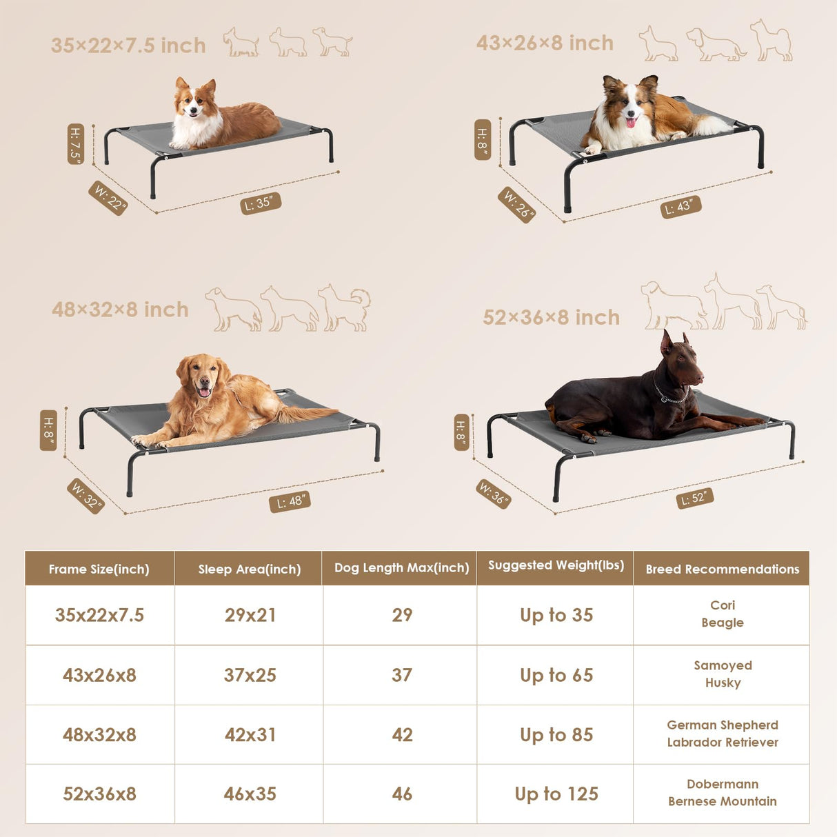 EHEYCIGA Elevated Dog Cot Beds for Large Dogs, Raised Outdoor Dog Hammock, Lifted Pet Platform with Frame and Washable Waterproof Cooling Teslin Mesh and Anti-Slip Feet, 43x26 inch