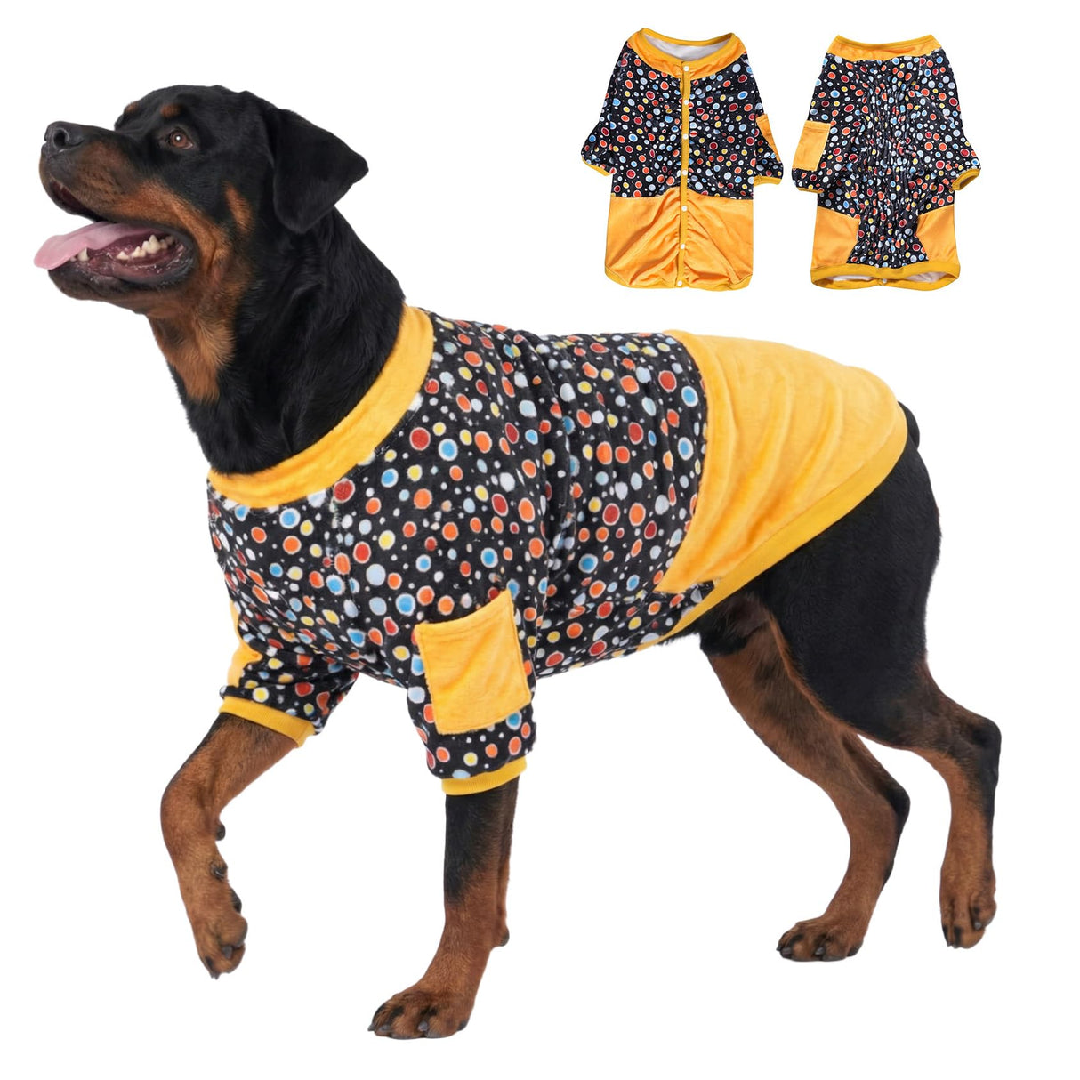 LovinPet Dog Sweater, Warm Flannel Onesie for Large Dogs, Winter Clothes with Front Sleeves and Snap Buttons, Cozy Pajamas for Sleep and Lounging, Glow in The Dark Dot Dot Black Prints, XXL