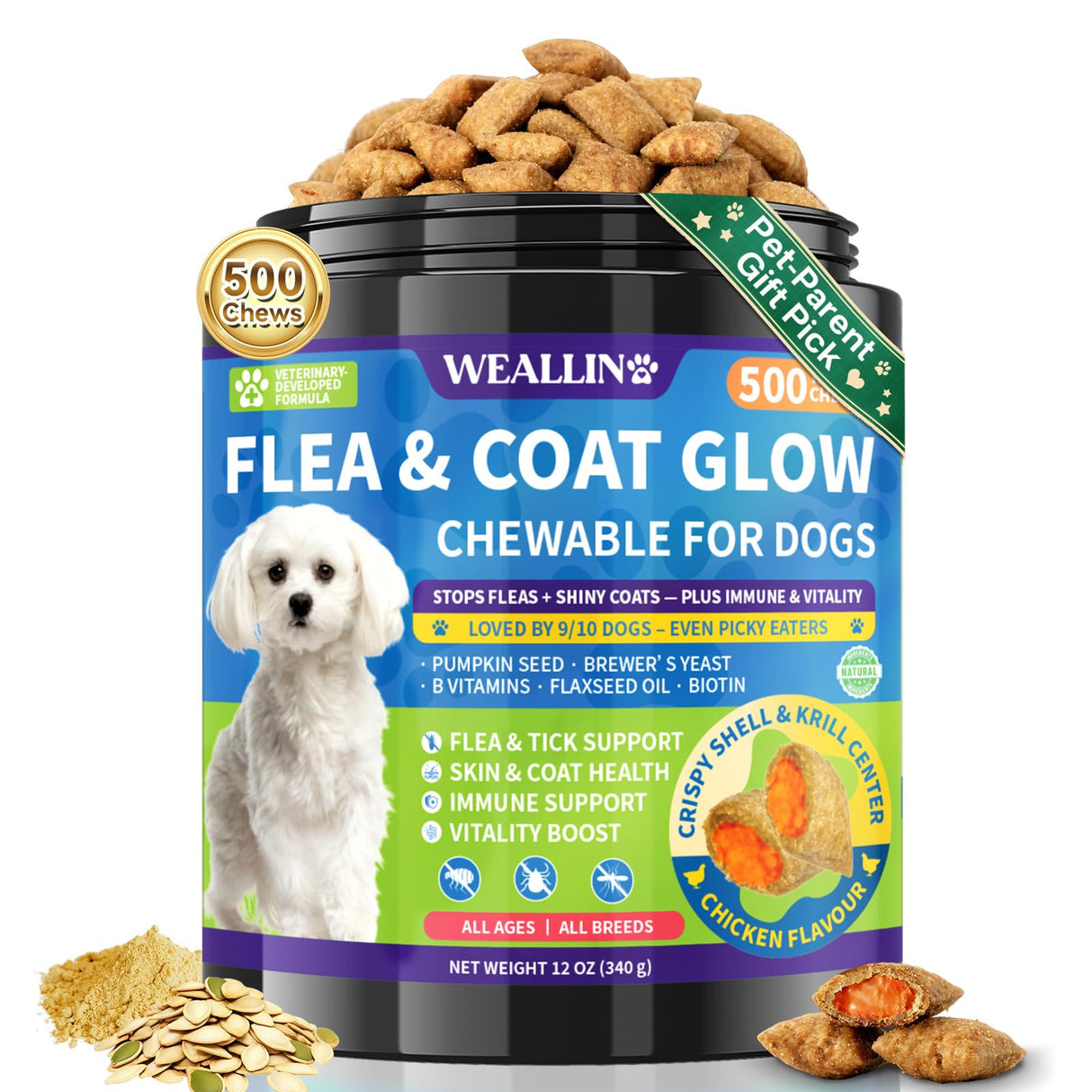 Flea and Tick Prevention for Dogs, Dog Flea Treatment with Skin & Coat Support 500 Crunchy & Krill Chews Dog Flea and Tick Treatment Chewable for Immunity & Energy for All Breeds & Ages Chicken Flavor