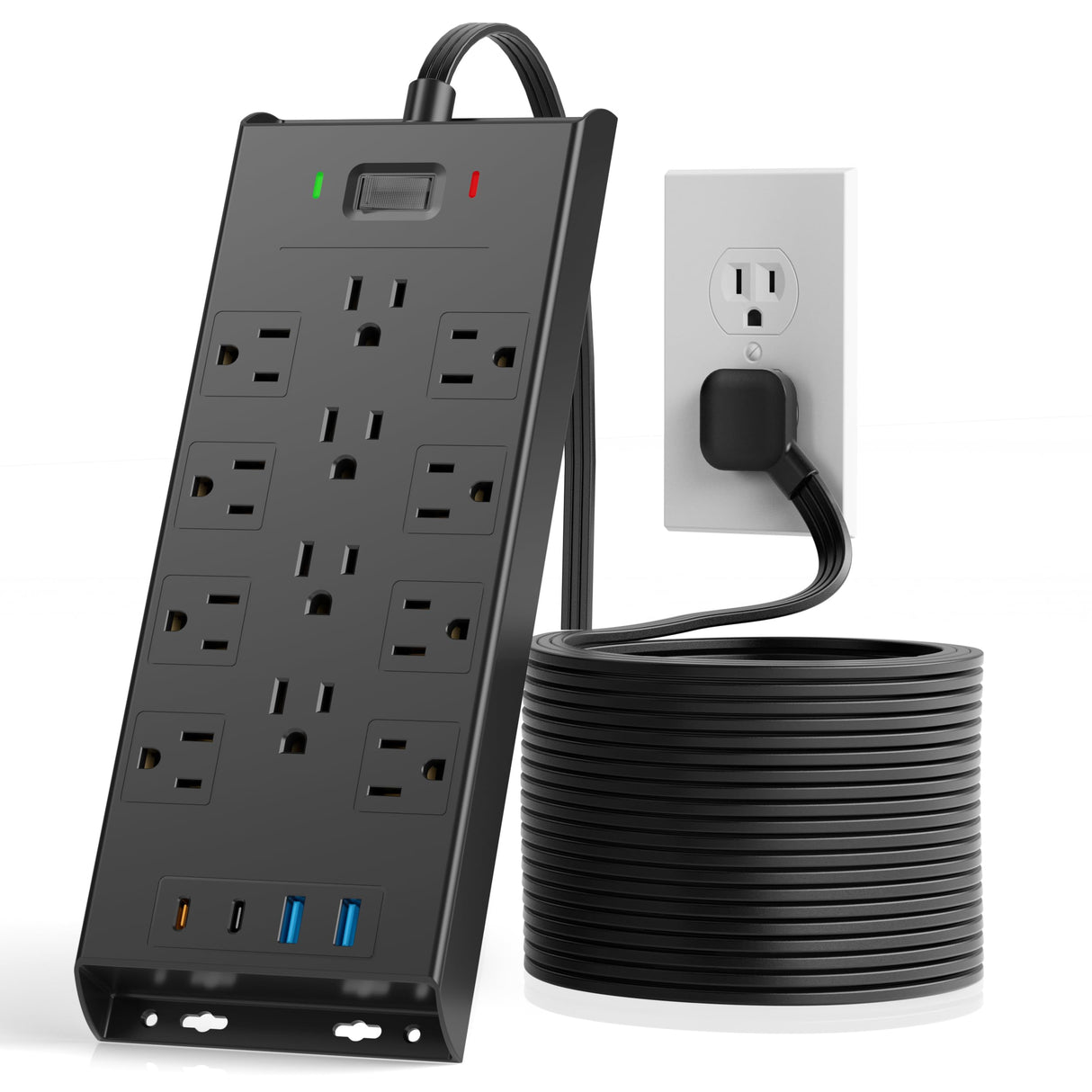 Surge Protector Power Strip 4800J, 10Ft Long Extension Cord Flat Plug, 12 Outlets 2 USB C 2 USB Ports, Wall Mountable, 20W Desk Charging Station, Black