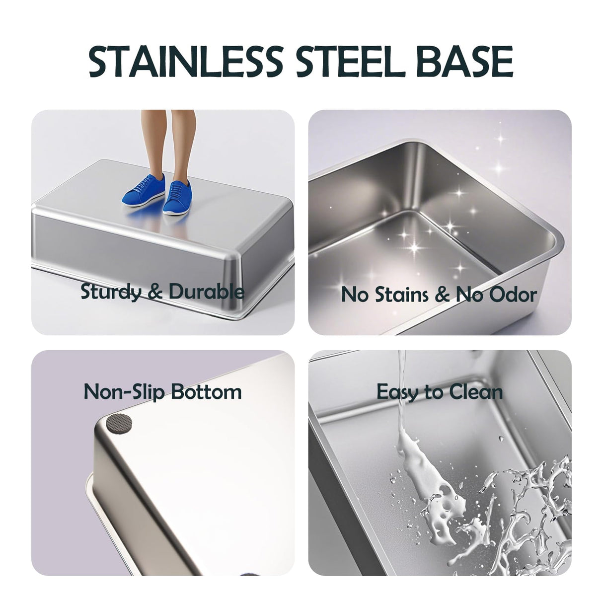 MEEXPAWS Rabbit Litter Box Stainless Steel, Large Bunny Litter Box with Raised Grid and Washable Pee Pad, Metal Litter Pan High Side for Rabbit,Small Animal Toilet Potty Tray Easy Cleaning,Less Stink