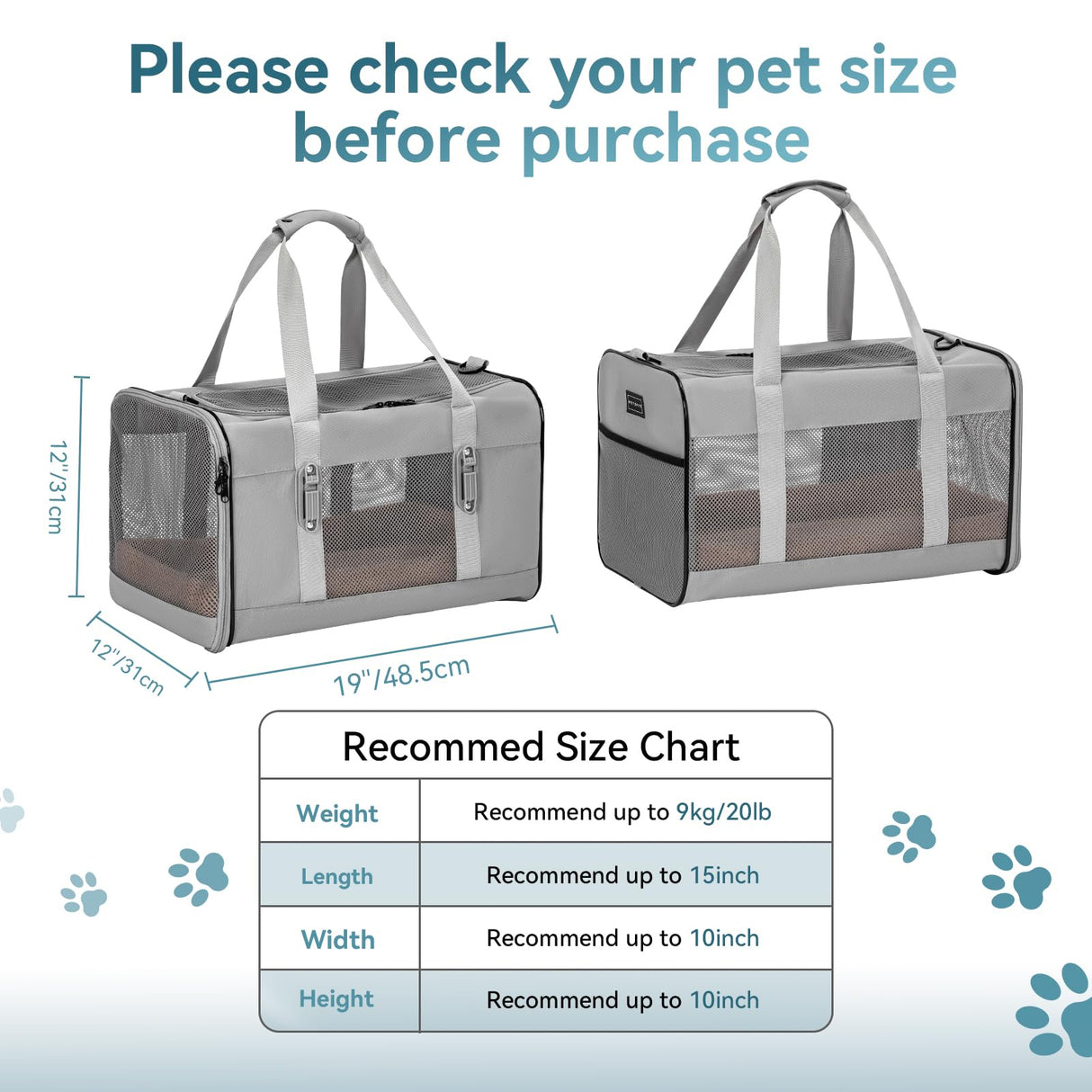 Petsfit Travel Pet Carrier for Large Cats (up to 20 lbs), Soft-Sided Dog Car Travel Carrier with Patented Buckle and Soft Padding, Ideal for Car Road Trips,19X12X12 Inch,Grey