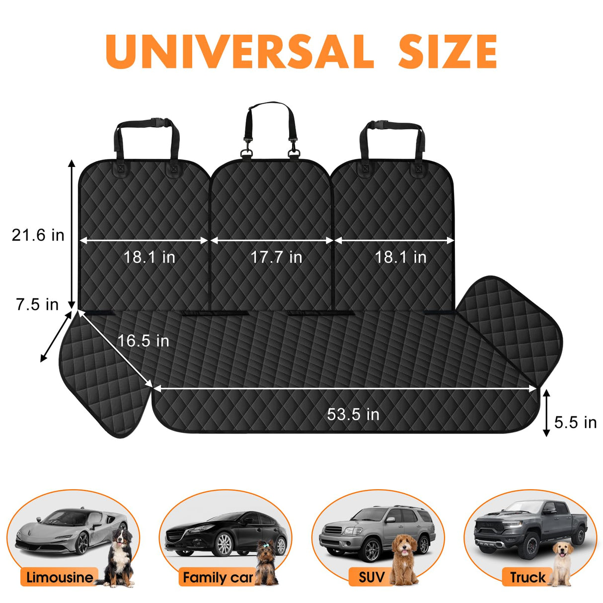 Dog Car Seat Cover for Back Seat - Waterproof, Non-Slip, Pet Bench Seat Covers, with 60/40 Split Bench Fit, Universal Size for Sedans, Trucks & SUVs, Machine Washable, Non-Stick Fur & Durable, M-Black