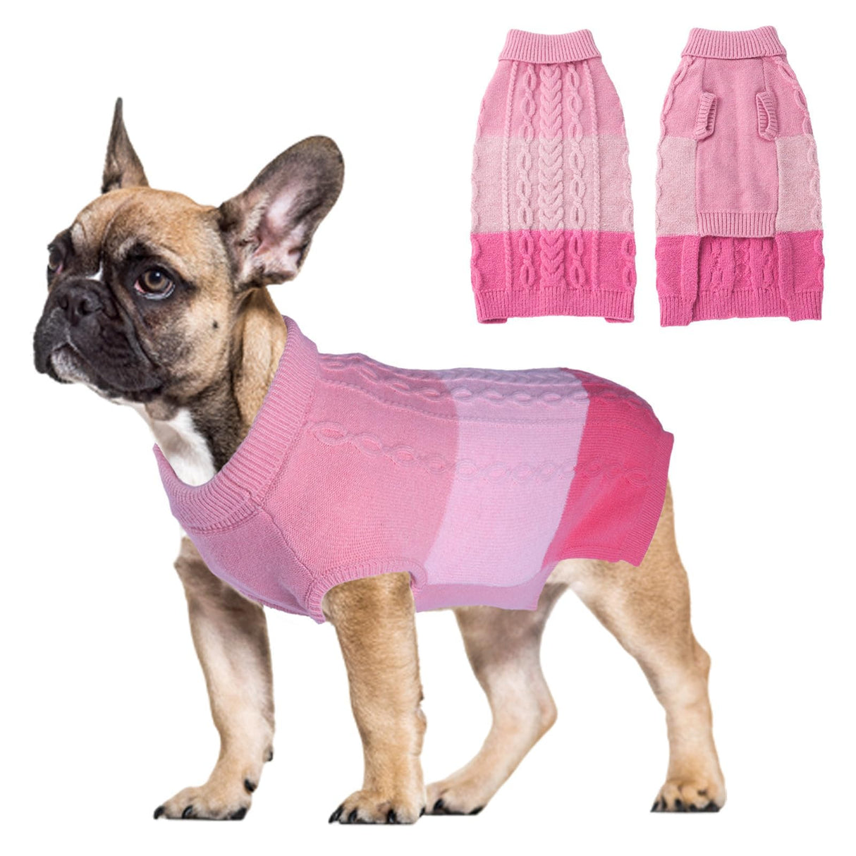 DELIFUR Color Block Dog Sweater - Knitted Turtleneck Cat Knitwear Warm Dog Coats with Classic Cable Fall Winter Clothes for Medium Dog Girl (Pink, XX-Large)