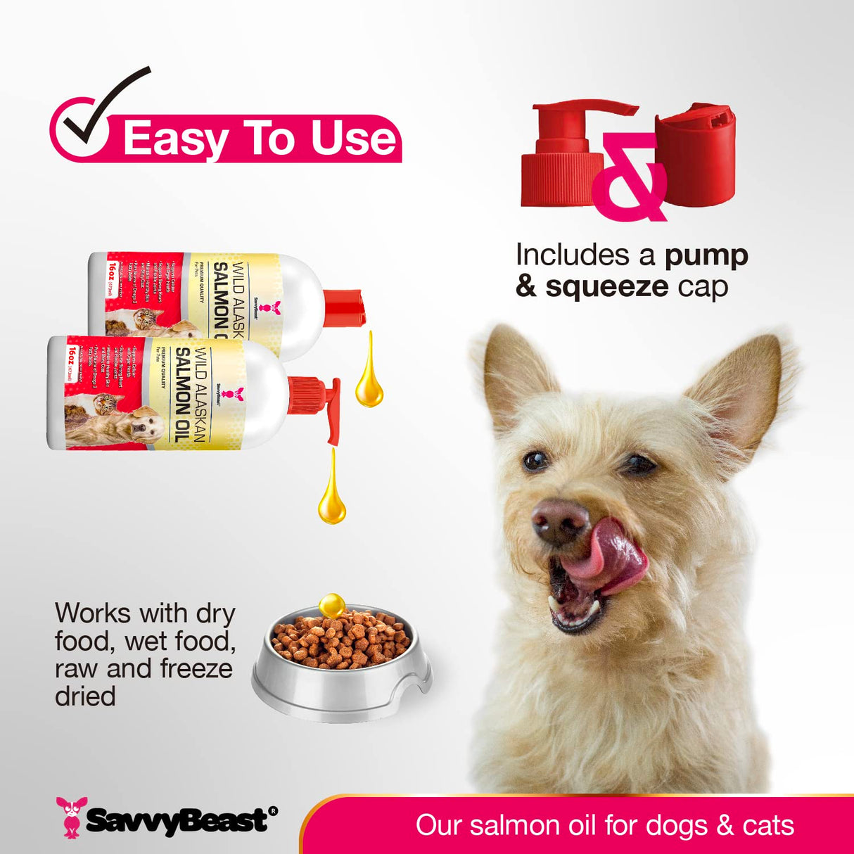 SavvyBeast Wild Alaskan Salmon Oil for Dogs, Cats & Ferrets – Omega-3 Fish Oil Pet Supplement with EPA & DHA – Supports Skin, Coat, Joints, Heart, Brain, Itch Relief & Immune – Unscented – 32 oz