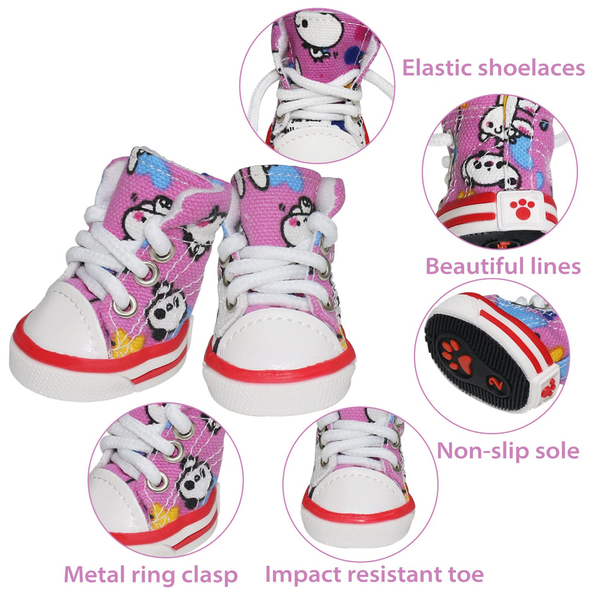 Pet Dog Shoes, BESUNTEK 4Pcs Puppy Canvas Sport Sneaker Boots for Outdoor Walking and Sports, Non-Slip Paw Protective Cover with Graffiti Design for Hot Pavement and Casual (Pink, #3)