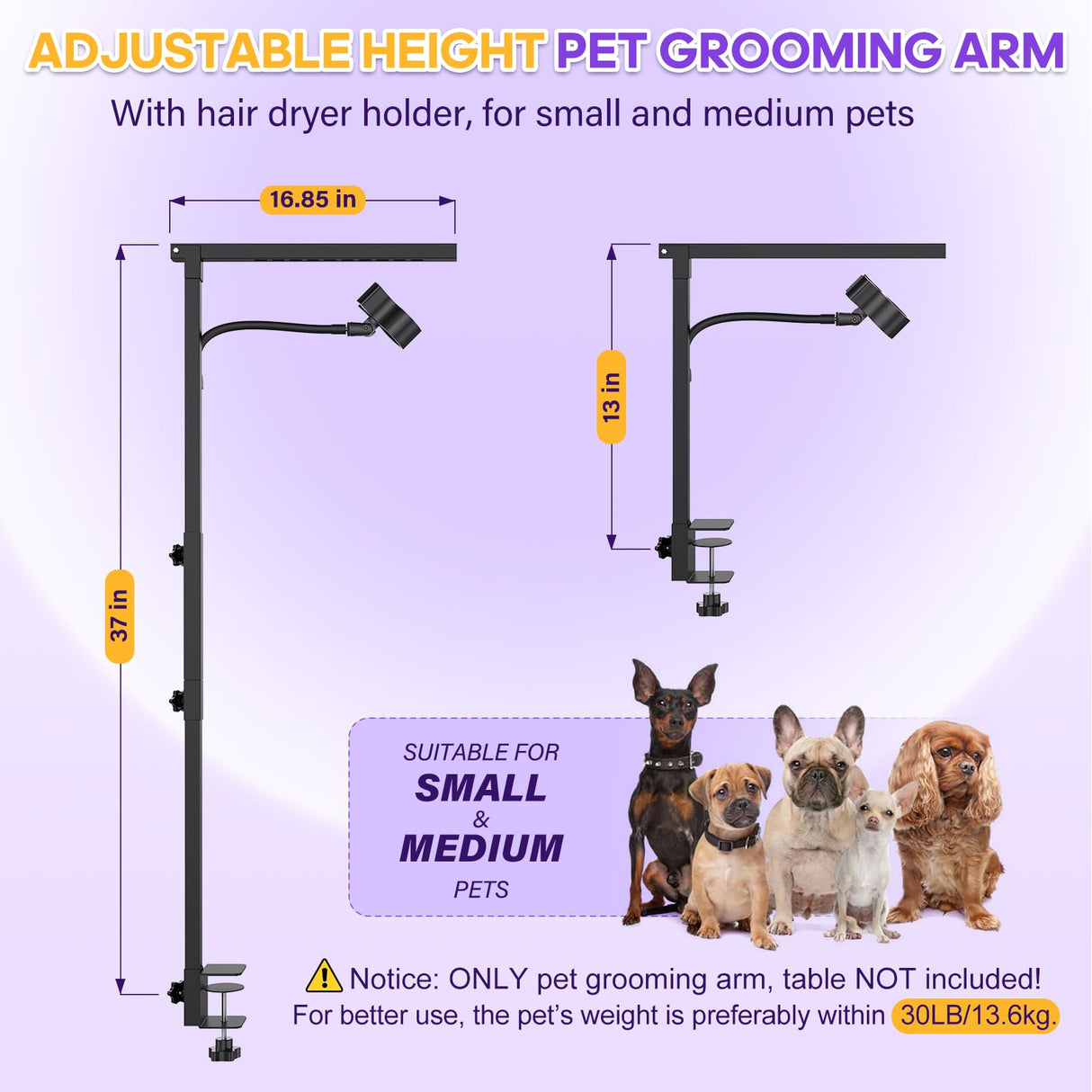 Dog Grooming Arm with Metal Clamp, Dog Grooming Table Arm & Hair Dryer Stand Hands Free Blower Hose Holder 2 in 1, Adjustable Grooming Arms for Tables with Loops for Groomers for Small Medium Pets