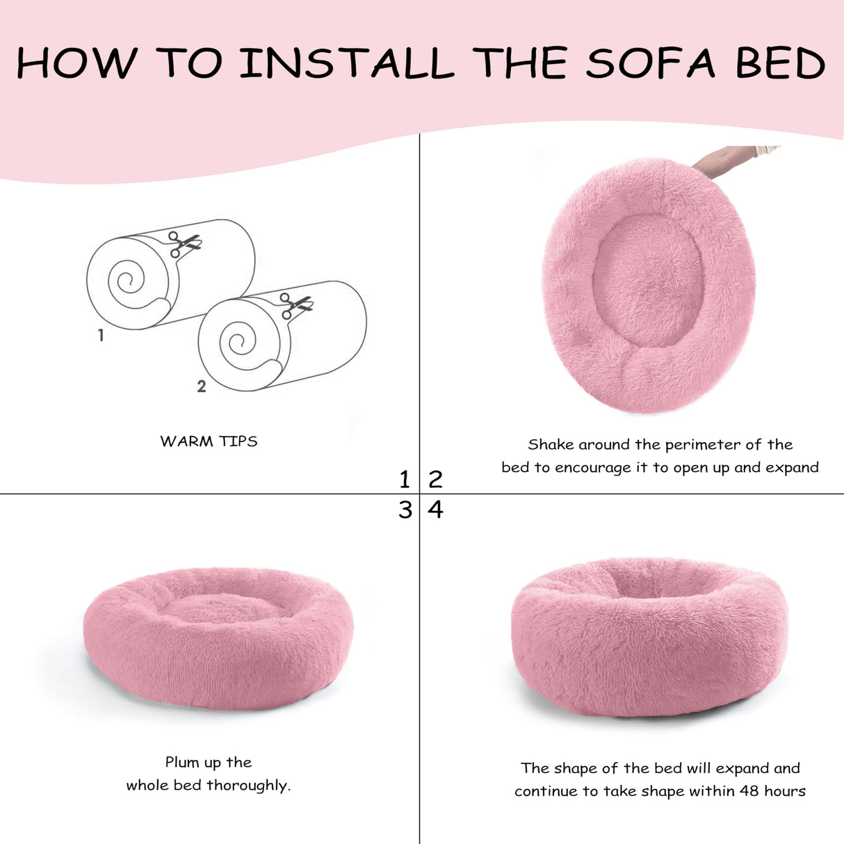 Bunlitent 23'' inch Calming Dog Bed, Anti-Anxiety Donut Small Dog Bed, Warming Cozy Soft Cute Round Washable, Marshmallow Cuddler Nest Puppy Dogs and Cats Bed, Pink