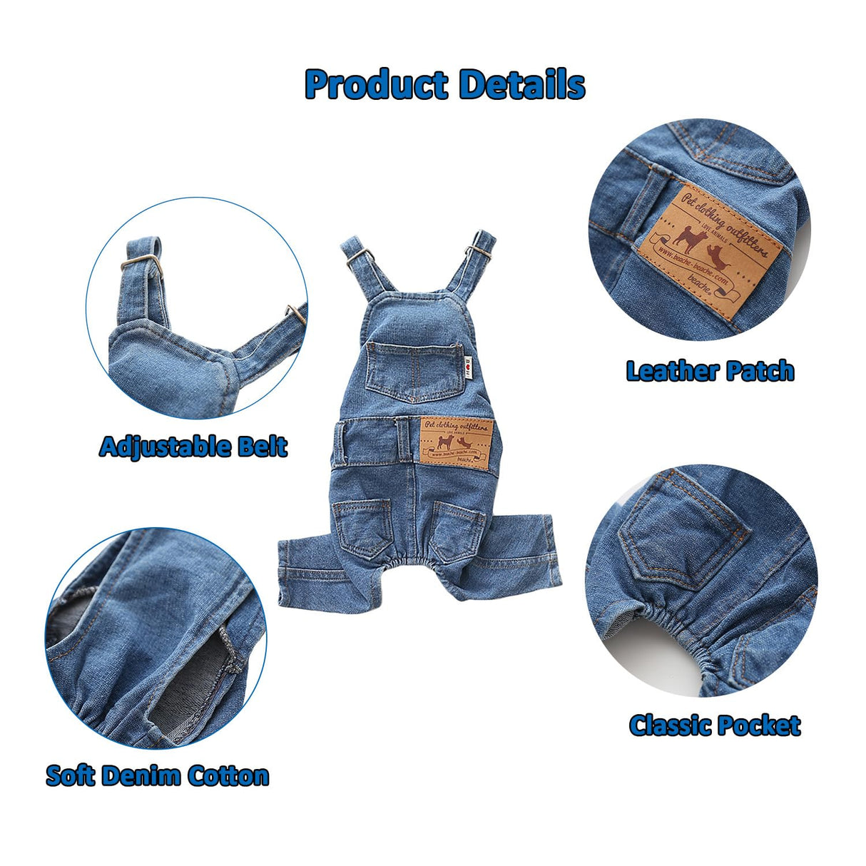 Dog Denim Jumpsuit Costumes Cat Pet Jean Overalls Clothes for Yorkie Bulldog (M, Blue)