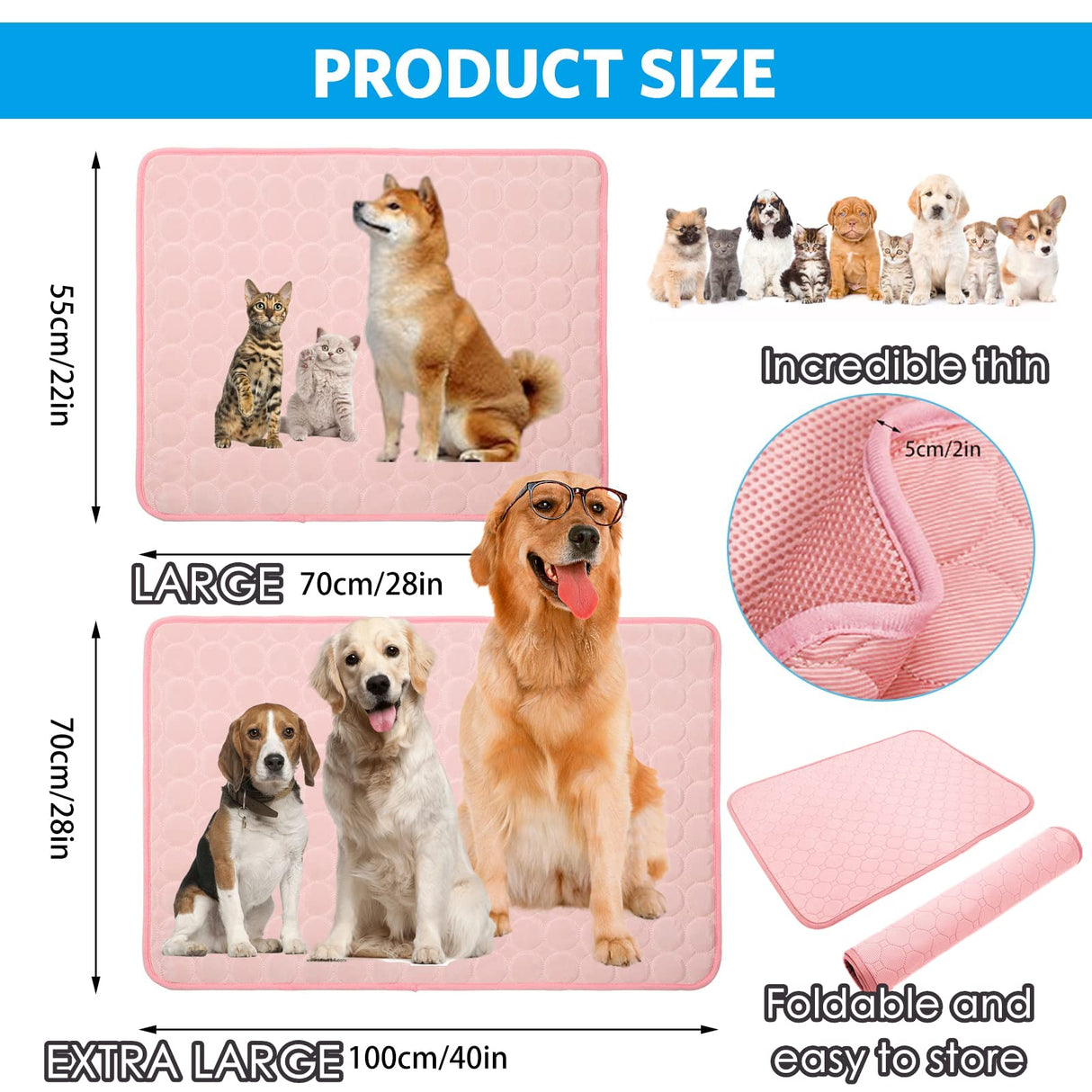 Mannice Dog Cooling Mat, Pet Cooling Mat for Dogs Cooling Blanket for Dogs Dog Cooling Pad for Kennels, Crates, Cars, Indoor & Outdoor Ice Silk Cooling Mat for Extra Large Dogs (Pink, XL(40 * 28"))