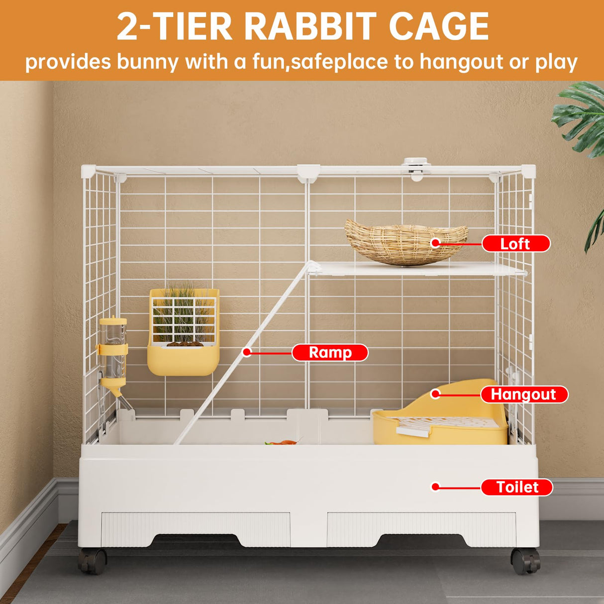 Oneluck Rabbit Cage Indoor,Loft Bunny Hutch with Urine-Proof Wall,Leak-Proof Trays, Wheels 28.7" L x 18.1" W x 25.6" H for Rabbits Chinchillas, Guinea Pig and Small Animal