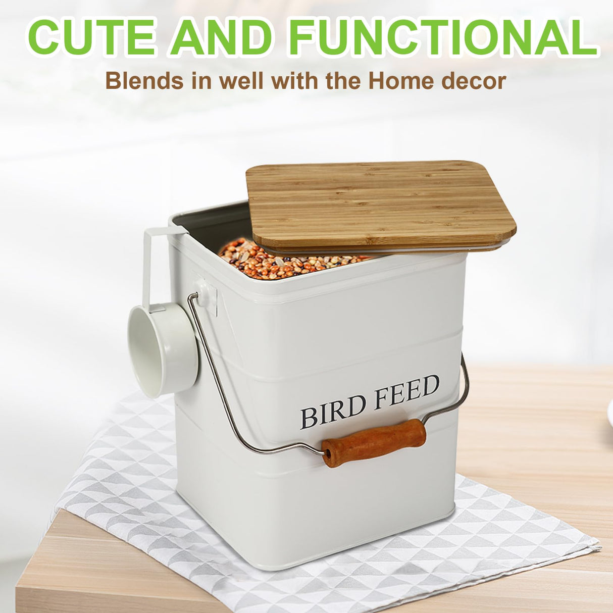 Brabtod Bird Seeds storage container,Bird Seed Container,Metal food tin for Birds, pet snacks Canisters with wooden lid/handle/sevice scoop,hold 5-6 lbs