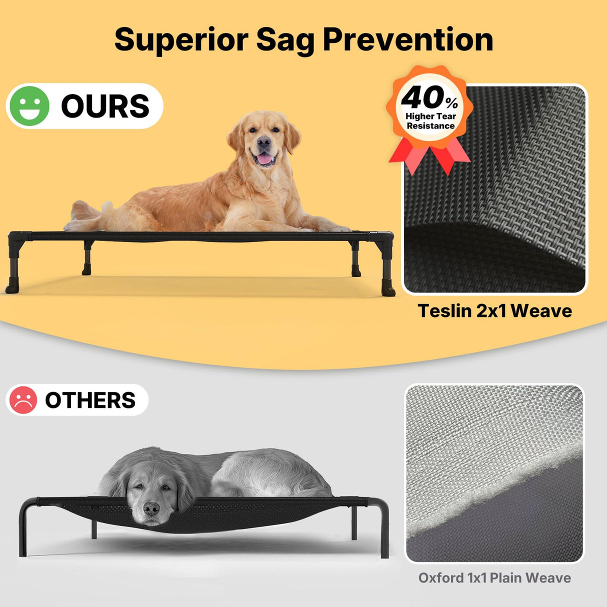 Veehoo Outdoor Elevated Dog Bed Large Sized Dogs, XL Cooling Raised Dog Cots Beds Training Platform Off Ground Hammock with Breathable Mesh, No-Slip Feet, 49"x33", Beige Coffee