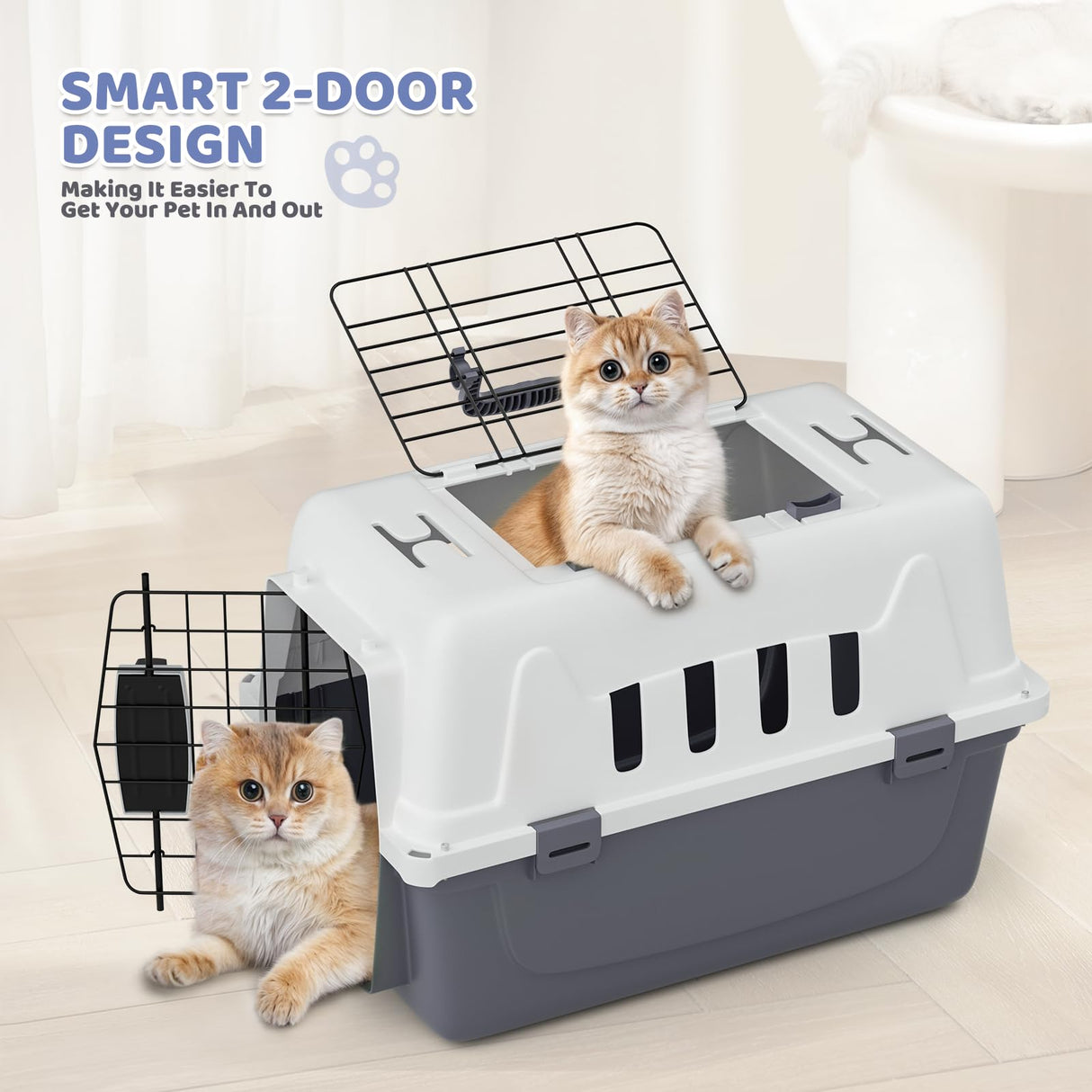 Magshion 18 Inch Pet Carrier for Small Dogs and Cats with Top and Front Door Access, Plastic Dog Kennel for Longer Traveling, Durable Handle, and 4 Sides Ventilation for Pet Up 10 lbs (White+Grey)