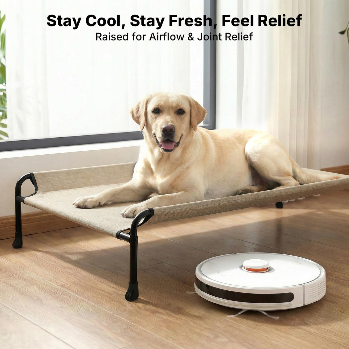 Veehoo Outdoor Dog Bed, Raised Dog Beds for Large Dogs, Elevated Dog Bed with Headrest, Washable Cooling Pet Cot with Non-Skid Feet, Breathable Mesh, Pet Hammock for Indoor or Camping, 47", Beige