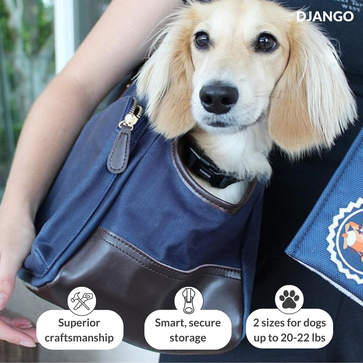DJANGO Waxed Canvas & Leather Dog Carrier Tote Bag – Premium Soft-Sided Travel Dog Purse with Safety Leash, WR Lining, & Large Zipper Pockets – Everyday Pet Carrier for Small Dogs (Navy Blue, Medium)
