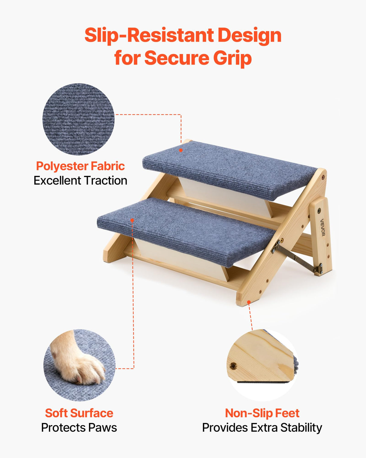 VEVOR Wood Pet Stairs, 2-Step Dog Stairs for Beds, Sofa & Cars, 110lbs Load Capacity, Floded Flat Design, Stable & Sturdy Cat & Dog Step Ladder for Small Medium Large Older Pet Puppy Essentials