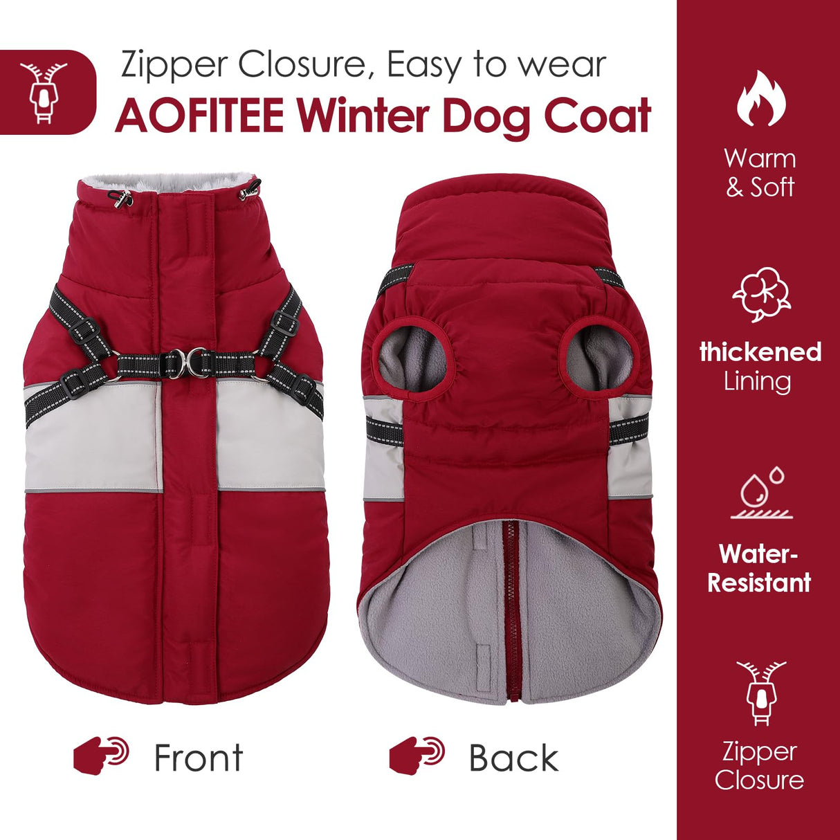 AOFITEE Dog Coats for Small Dogs, Dog Christmas Sweater, Dog Winter Coat with Harness Built in, Warm Dogs Jacket with Zipper, Waterproof Pet Jacket Snowsuit for Schnauzer, Chihuahua Yorkshire, S