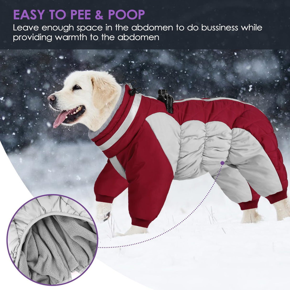 SUNFURA Full Body Dog Coat - Warm Fleece Jacket for Large Dogs, Turtleneck Winter Coats with Harness, Reflective Dog Snowsuit Windproof Puffer Jackets with Legs for Weimaraner, Burgundy XL