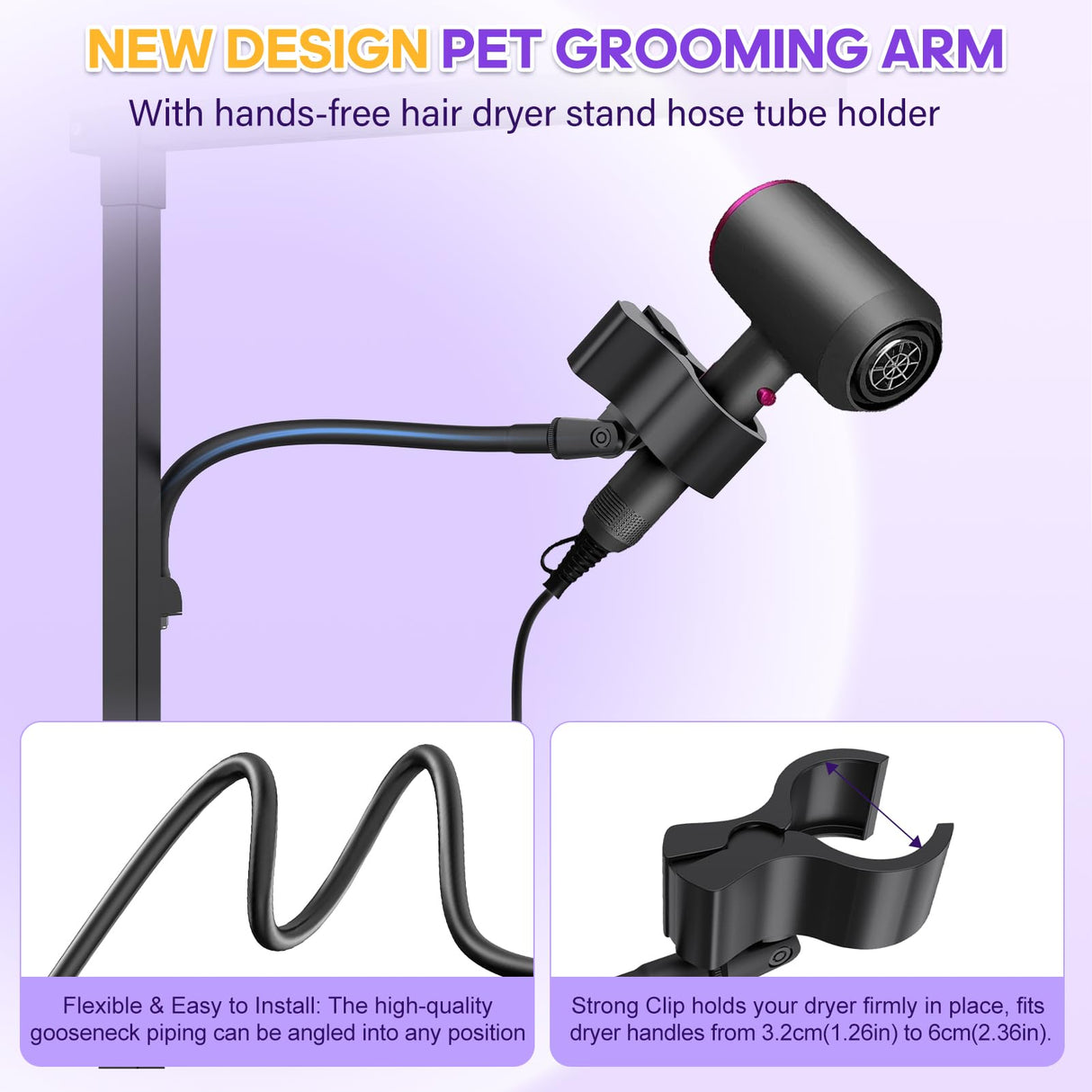 Dog Grooming Arm with Metal Clamp, Dog Grooming Table Arm & Hair Dryer Stand Hands Free Blower Hose Holder 2 in 1, Adjustable Grooming Arms for Tables with Loops for Groomers for Small Medium Pets