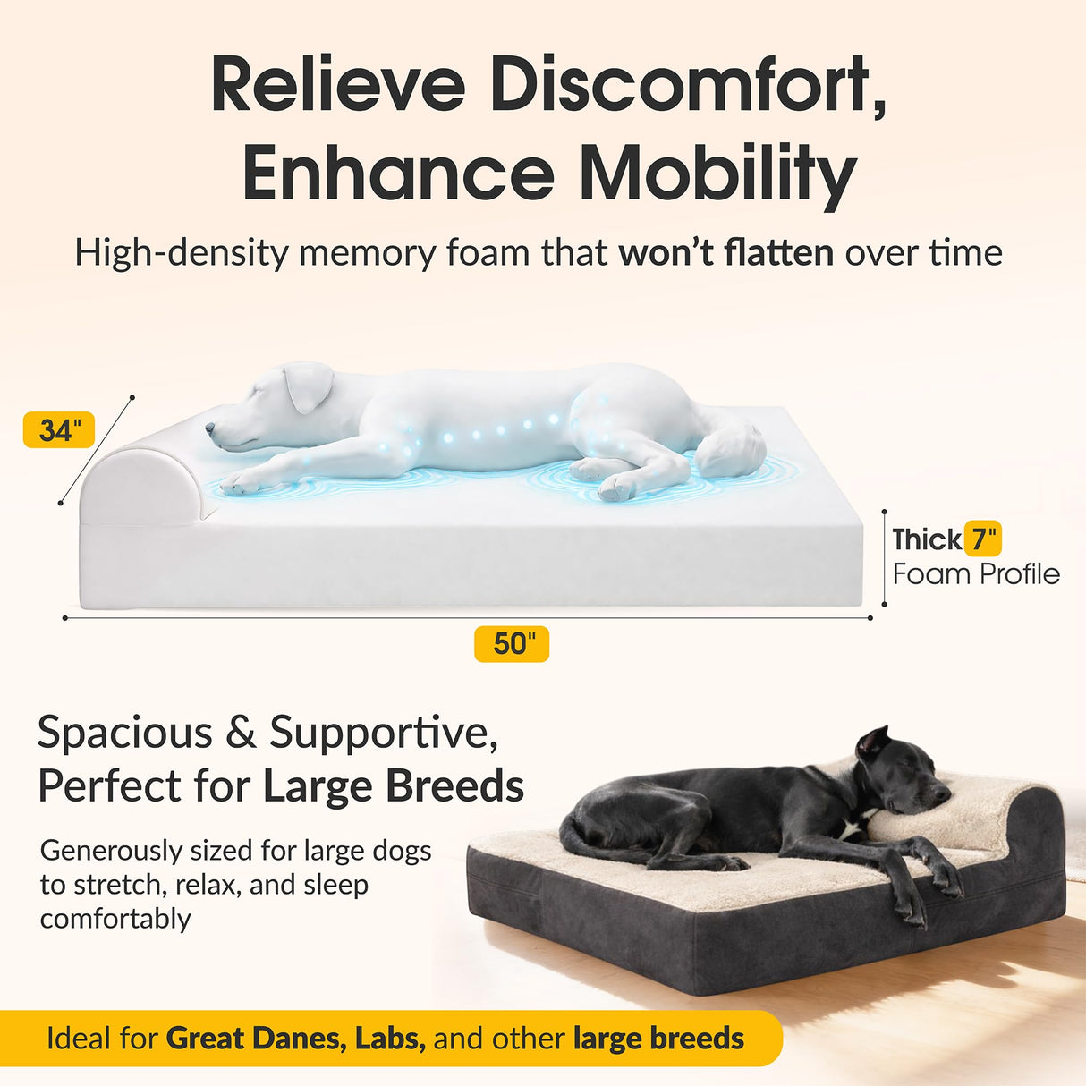 KOPEKS Jumbo Orthopedic Dog Bed - 7-inch Thick Memory Foam Pet Bed with Pillow with Removable Cover & Free Waterproof Liner - for Large Breed Dogs, XL, Brown-Plush Top
