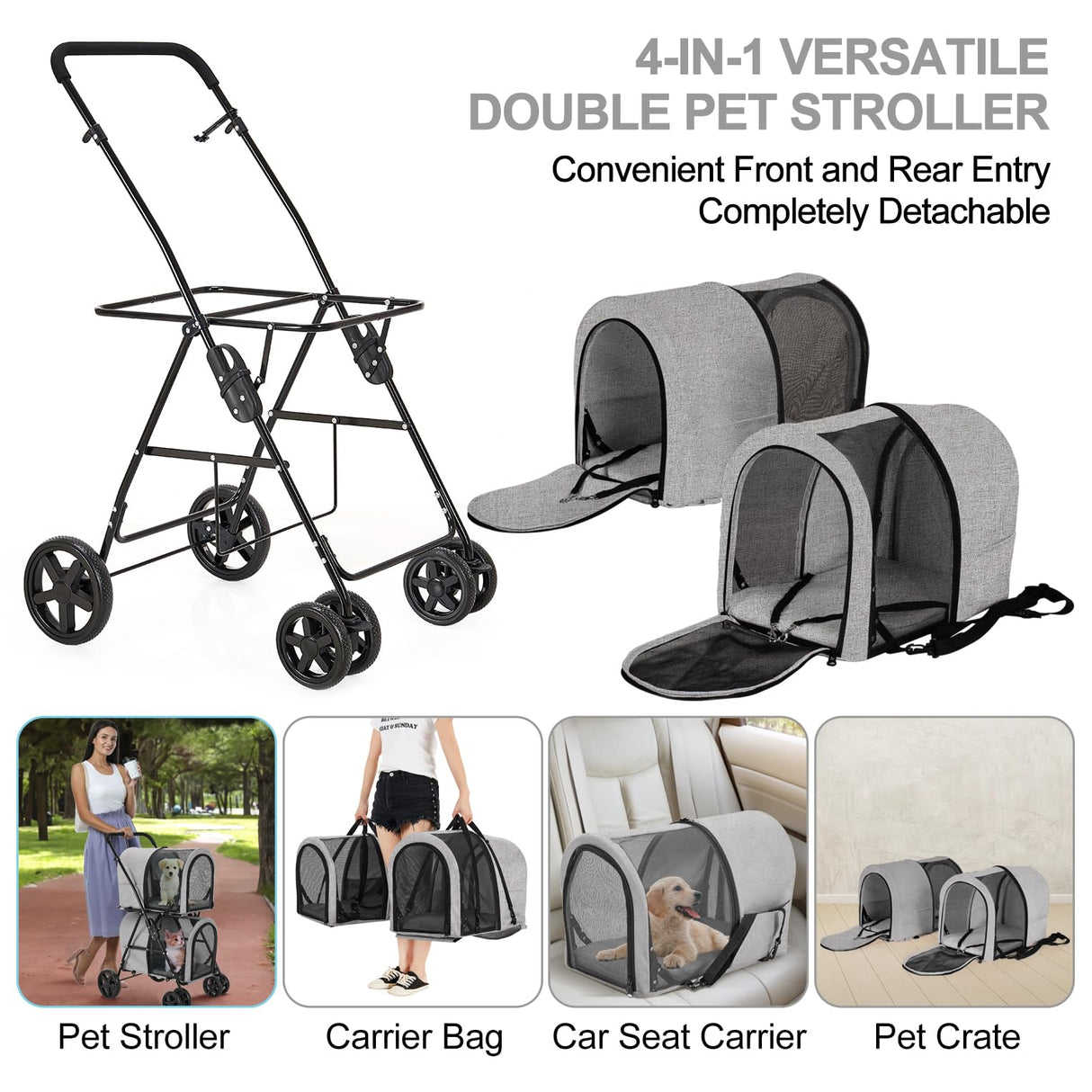 LPOTIUS Double Pet Stroller for Dogs and Cats with 2 Detachable Carrier, Quick-Folding Dog Stroller for Medium Small Dogs Cats, 4 Wheels, Light Gray