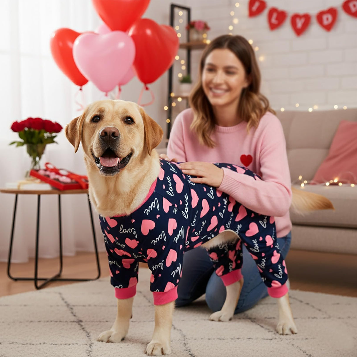 Vehomy 2-Pack Dog Valentines Pajamas Valentine's Day Dog Costume Outfit with Love Heart Patterns Pet Valentines Onesie Jumpsuits Sweet Heart Clothes Jammies for Medium Large Dogs XL