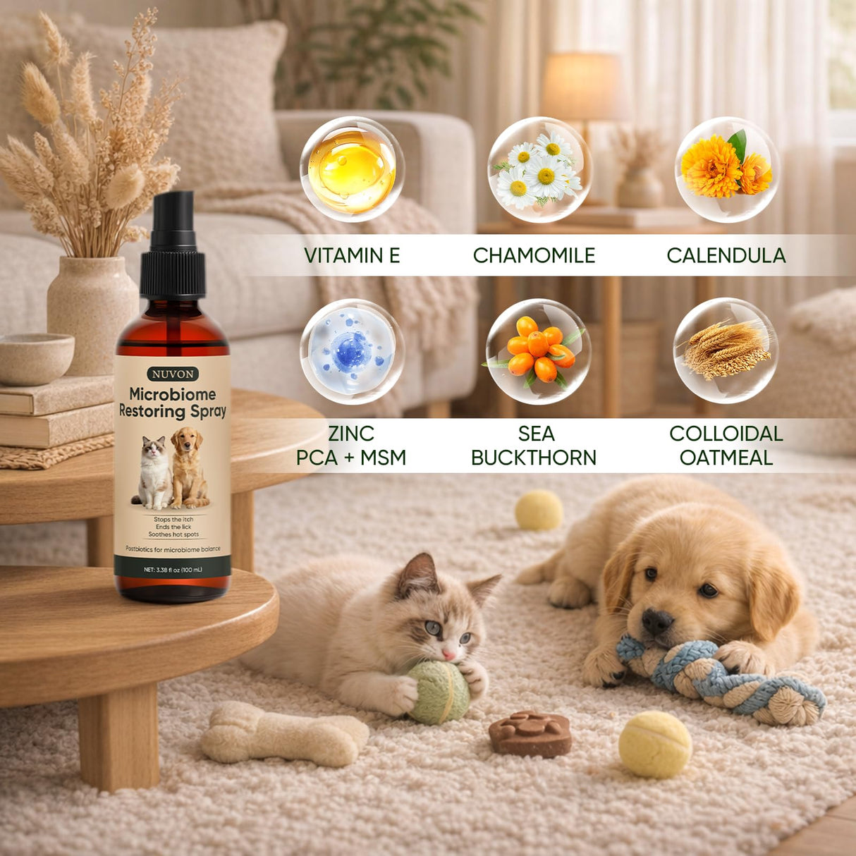 Wanciment NUVON Postbiotic Spray - Anti Itch Spray for Dogs & Cats - Helps Alleviate Sensitive Skin, Scratching, and Licking of Coat - 3.38 fl oz (1)