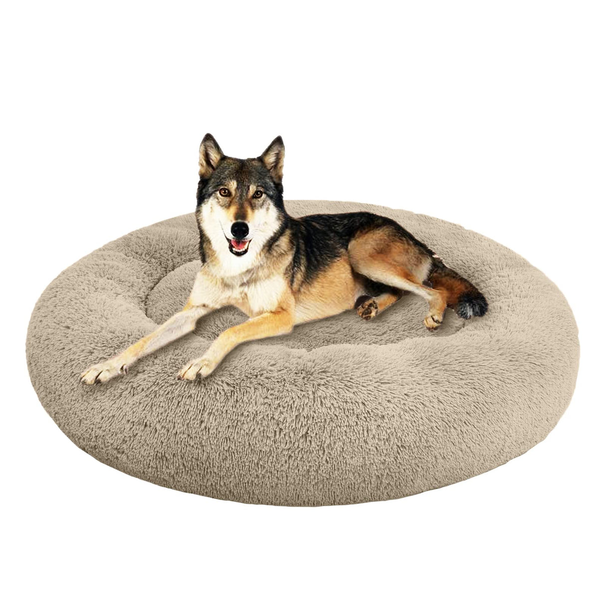 SAVFOX 45 inches Calming Donut Dog Bed - 3X Durable Plush Faux Fur, Machine Washable & Non-Slip, Fits up to 150 lbs, Beige