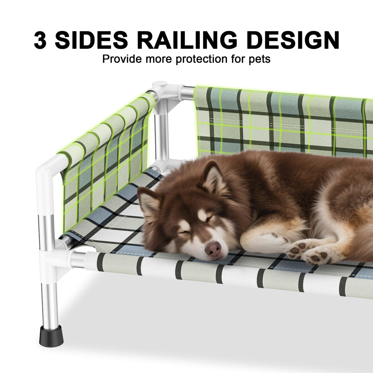 Elevated Raised Outdoor Dog Bed - Cooling Washable Dog Cot with Guardrail, Durable & Breathable Cotton Mesh Pet Hammock Beds with Stainless Steel Pipe Frame for Medium Pets (34'' x 20'' x 12'')