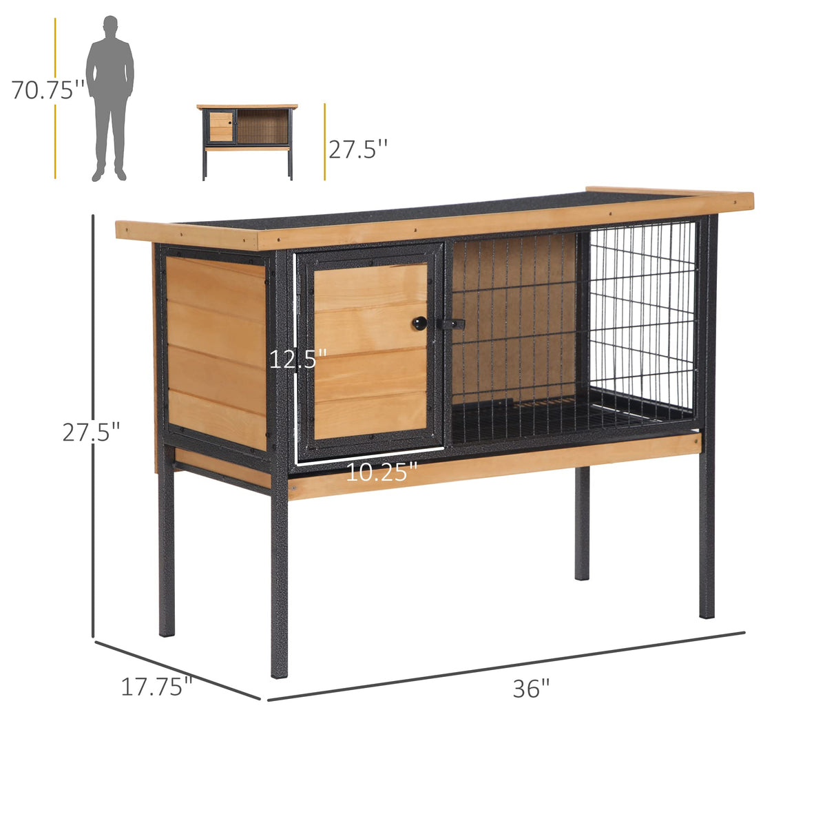 PawHut Rabbit Hutch Elevated Bunny Cage Small Animal Habitat with Metal Frame, No Leak Tray, Metal Wire Pan, Openable Water-Resistant Asphalt Roof for Rabbits, Chickens, Ducks, Indoor/Outdoor Natural