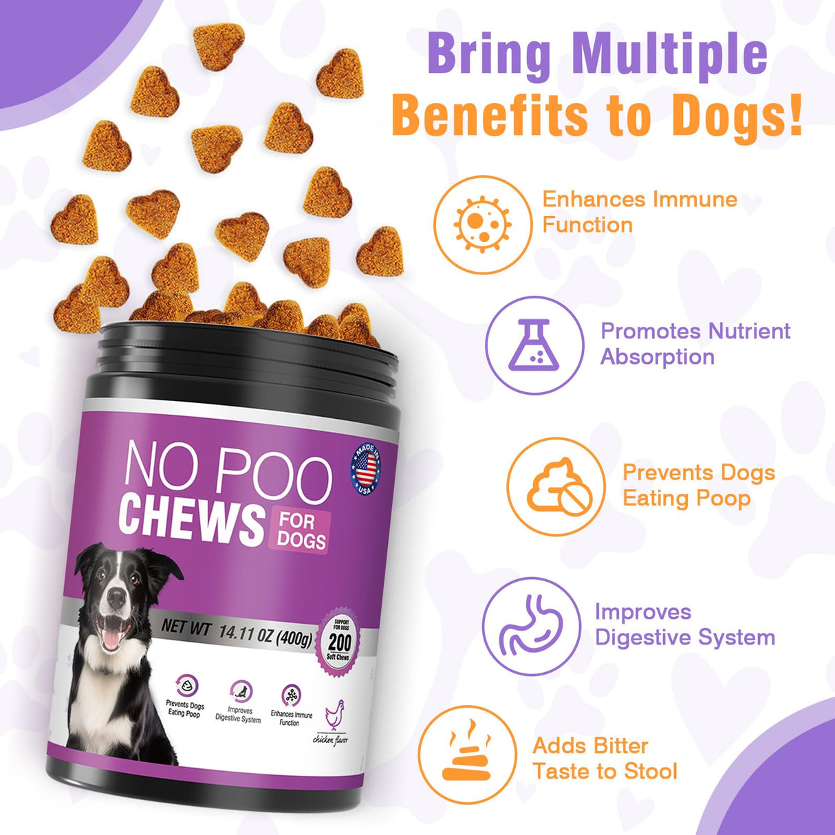 Coprophagia Deterrent for Dogs-200 Chews No Poop Eating Deterrent for Dog-Prevent Stop Dogs from Eating Poop Supplement-Breath Freshener-No Poo Chews with Digestive Enzymes&Probiotics-Chicken Flavor