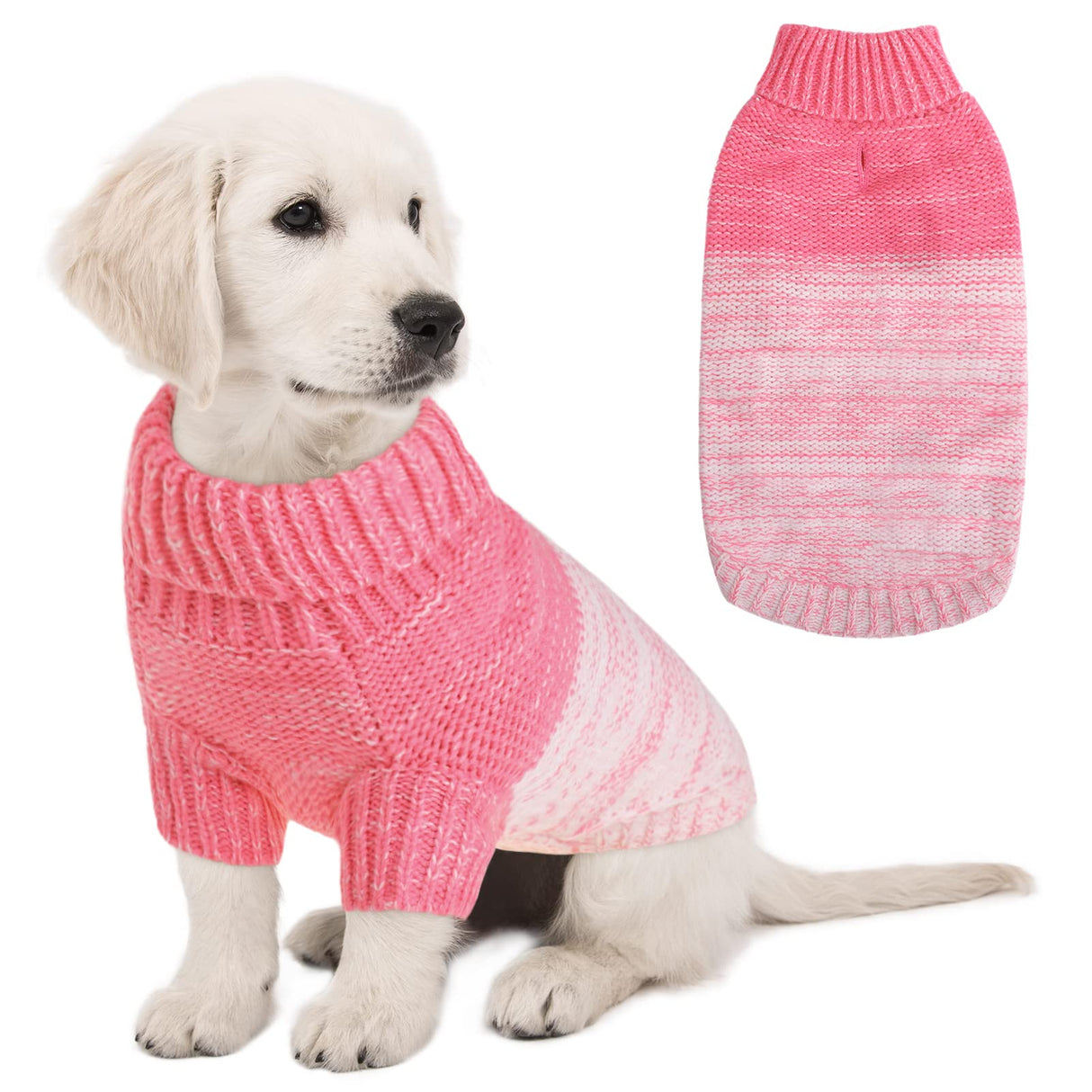 Queenmore Knitted Pullover Dog Sweater, Turtleneck Pet Cat Sweater, Cold Weather Puppy Clothes Stitching Knitwear with Leash Hole for Small Medium Dogs(Pink,XS)